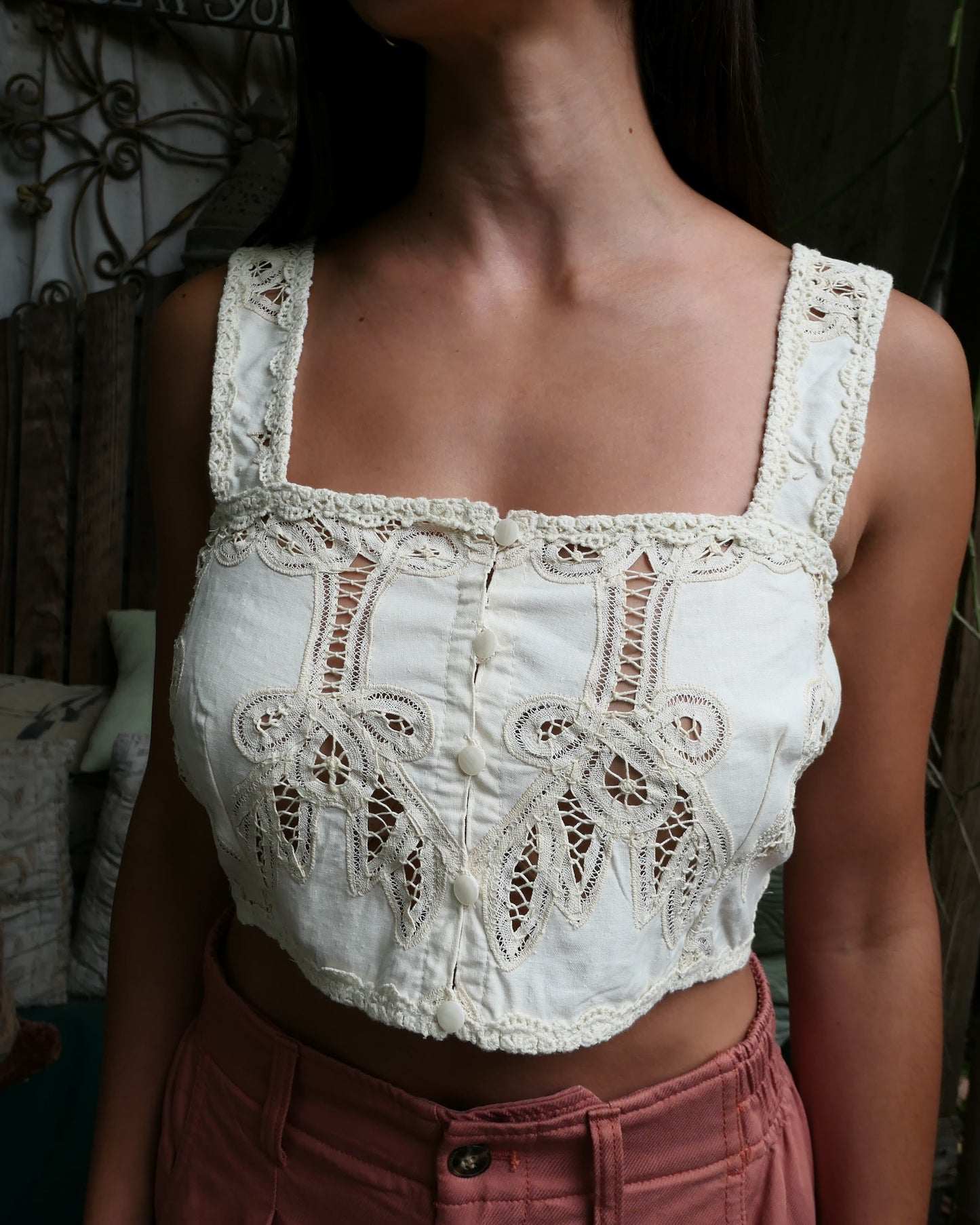 Romantic vintage Battenberg lace meets Boho Chic in this ultra-cute bra top. Wear it alone with jeans, linen pants, or a skirt, or pair it with our Battenberg lace skirt (buy them as a set in our 2-piece set Collection). Has secure buttons and hooks in the front to ensure there are no noticeable gaps. Color: Natural