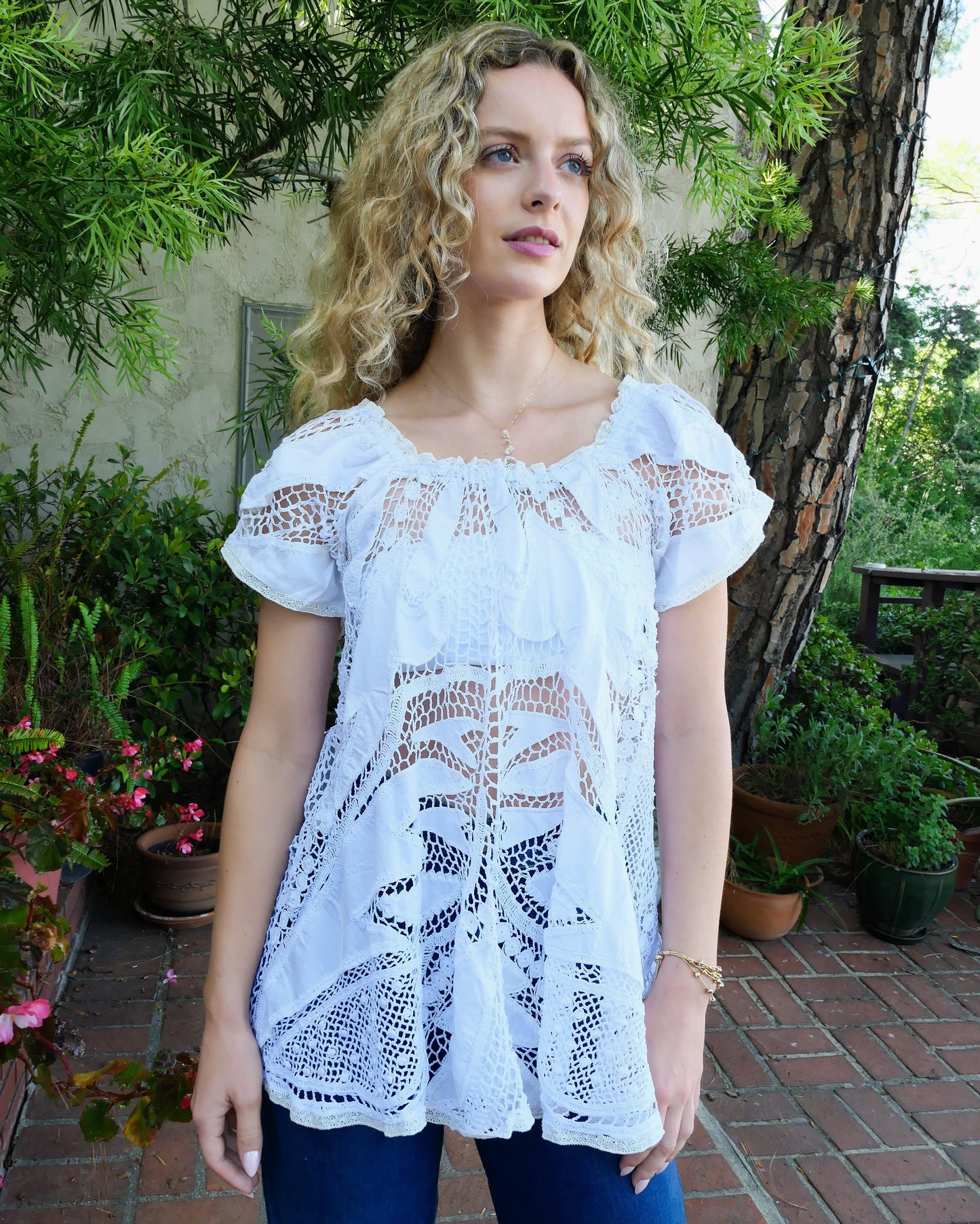 Short Puff Sleeve Tunic Top with Crochet and Cutwork Embroidery