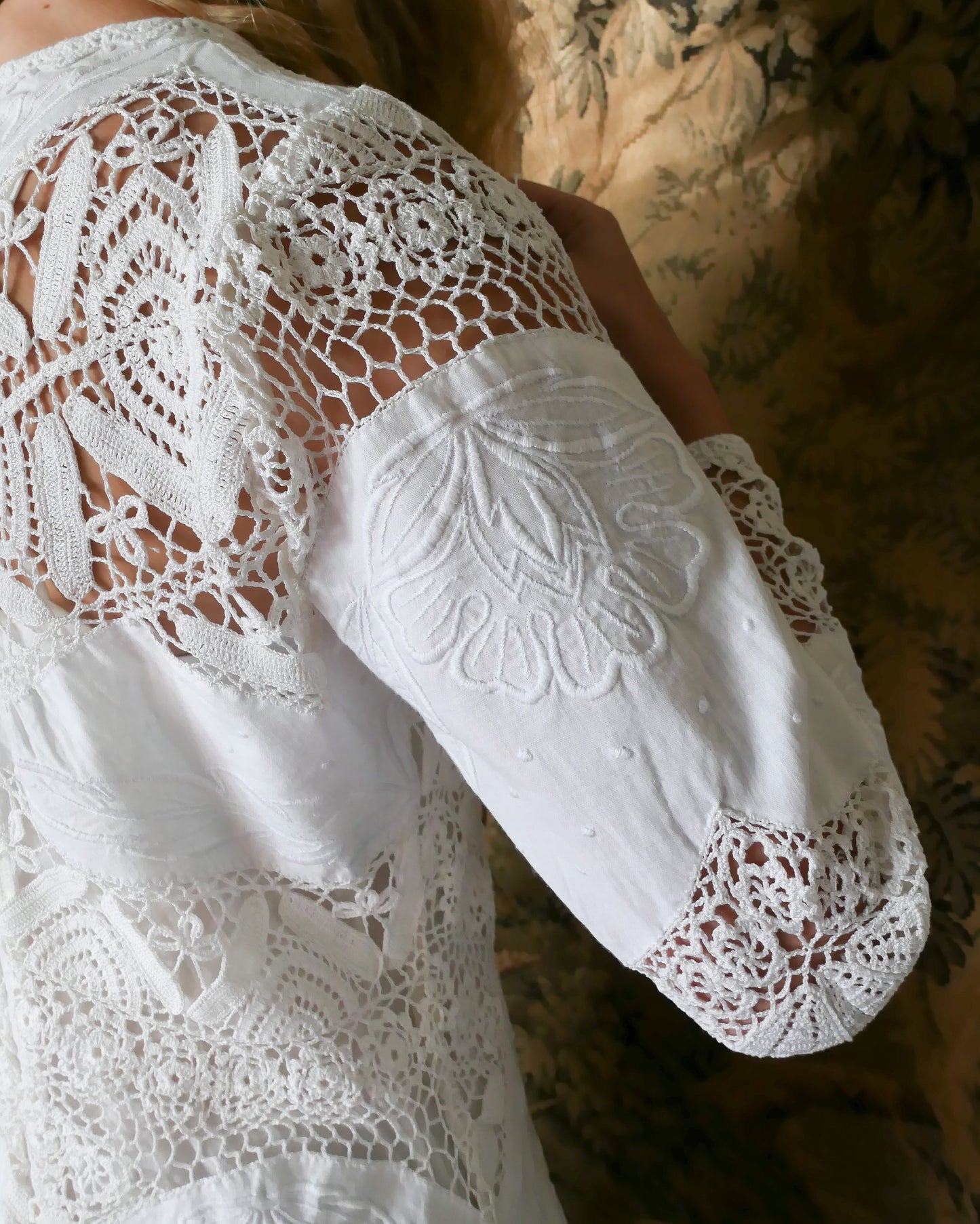 Angelica 3/4 Bell Sleeve Mini Dress with Crochet and Cutwork Embroidery