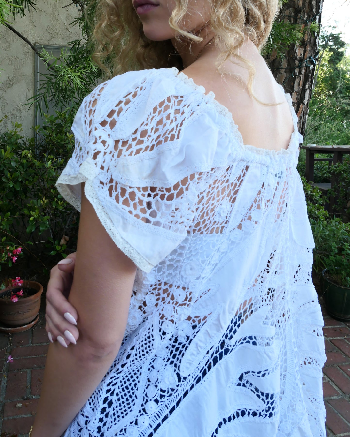 Short Puff Sleeve Tunic Top with Crochet and Cutwork Embroidery
