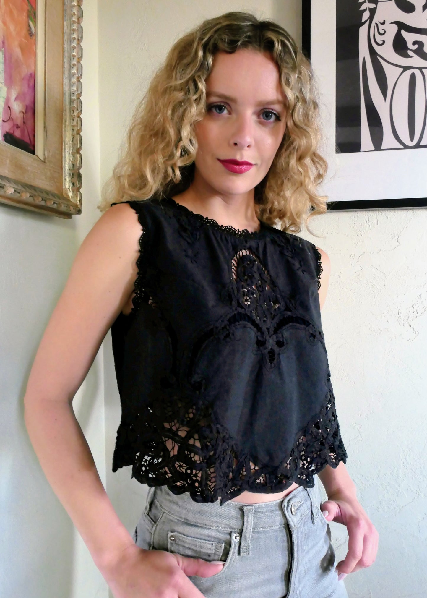Vintage Battenberg Lace Cropped Tank Top