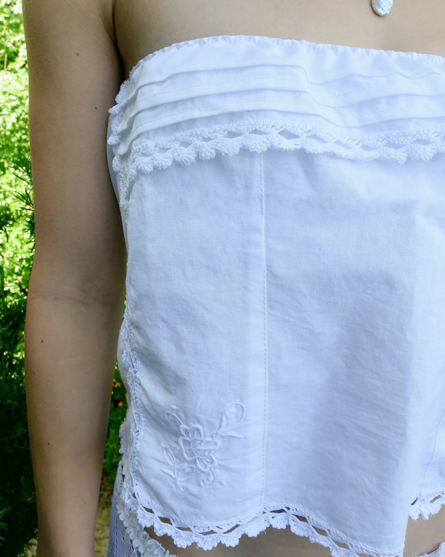 Daisy Mini Skirt and Strapless Top Set with Crochet and Floral Embroidery