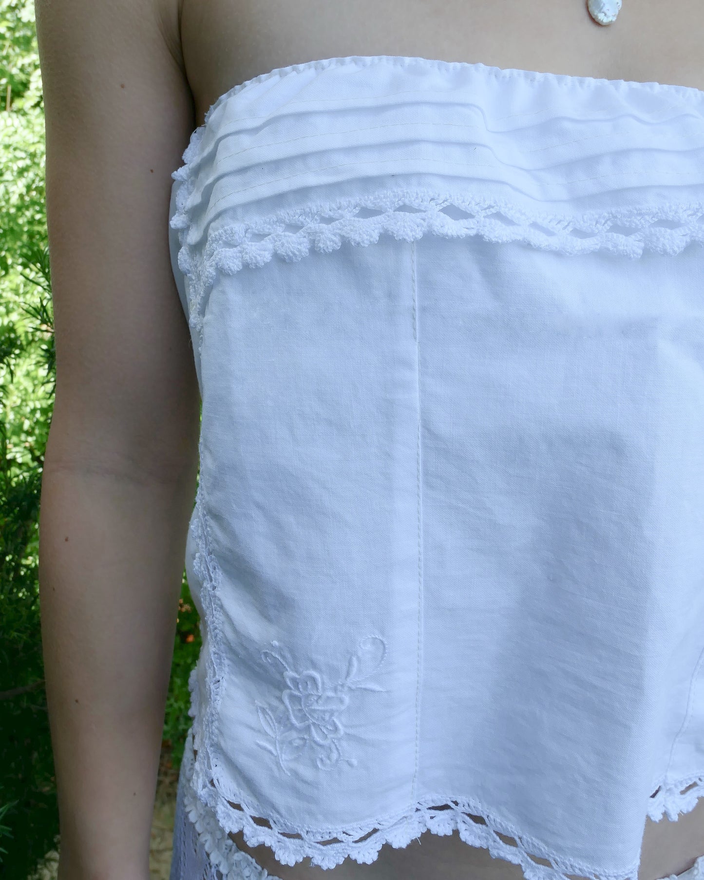 Daisy Strapless Top with Crochet and Floral Embroidery