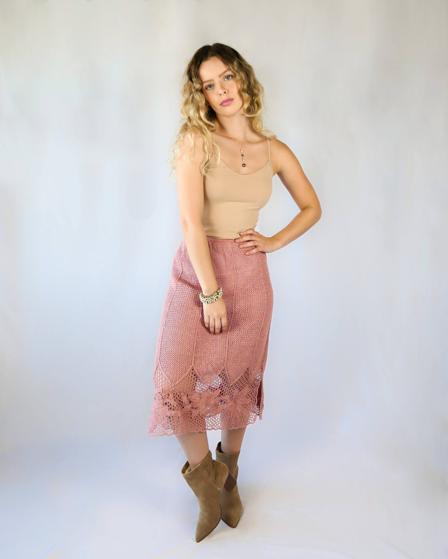 Hand Crocheted Midi Skirt with Lily Flower Motif and Side Slits