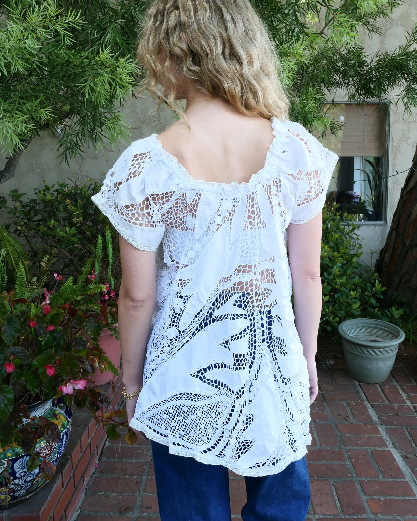 Short Puff Sleeve Tunic Top with Crochet and Cutwork Embroidery