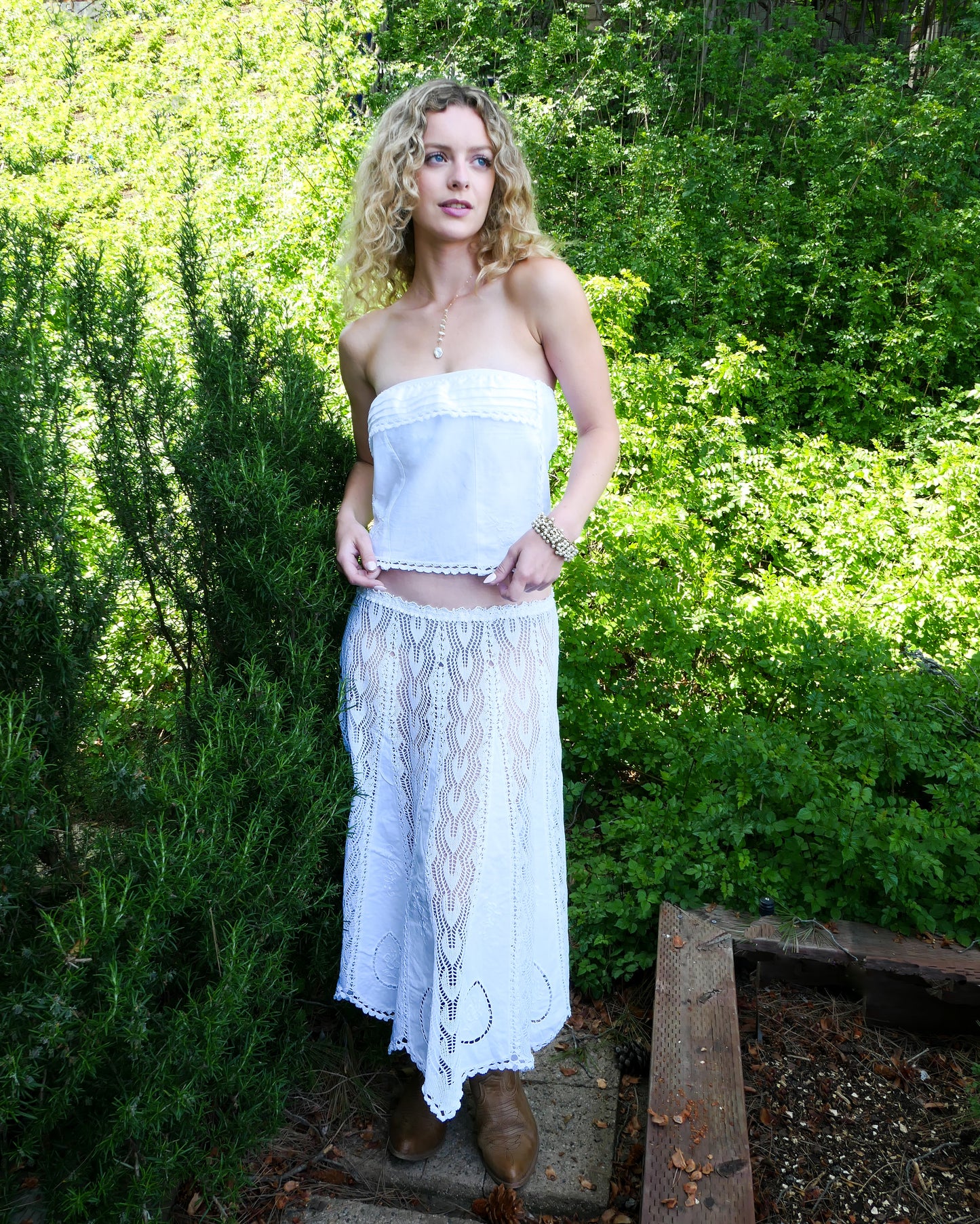 Boho Flowy Maxi Skirt with Knit and Cutwork Embroidery