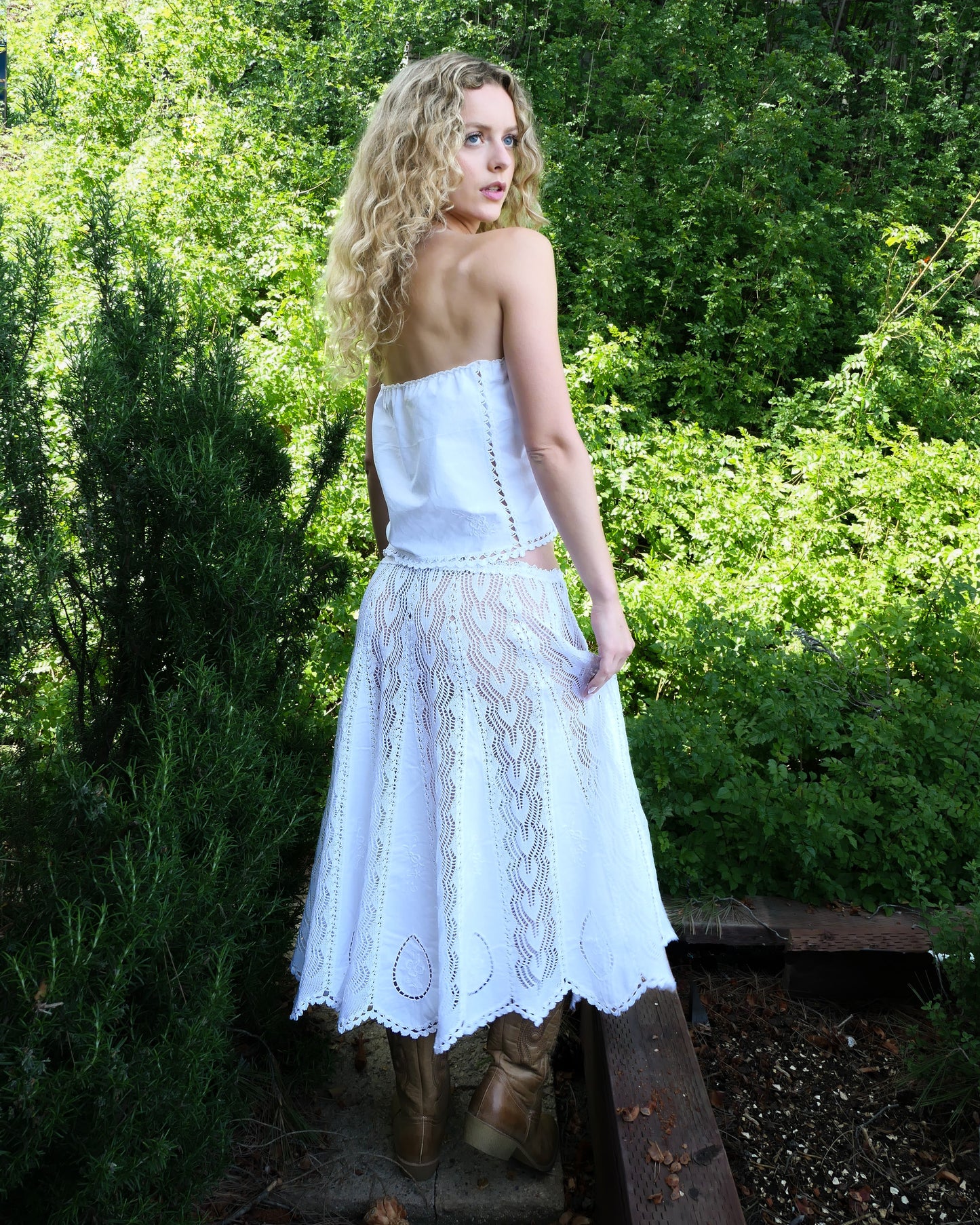 Boho Flowy Maxi Skirt with Knit and Cutwork Embroidery
