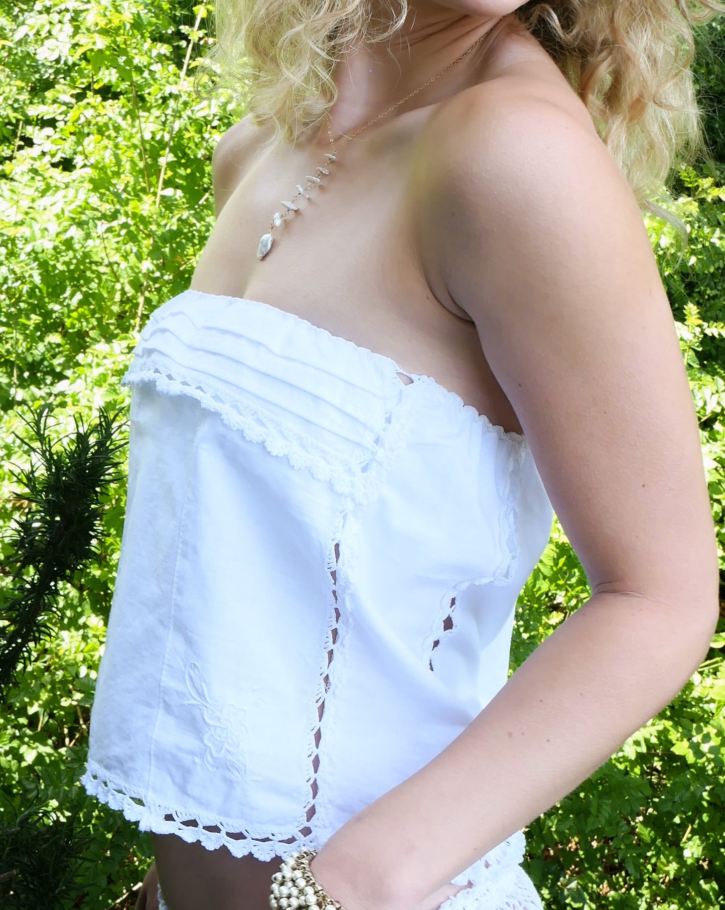 Daisy Mini Skirt and Strapless Top Set with Crochet and Floral Embroidery
