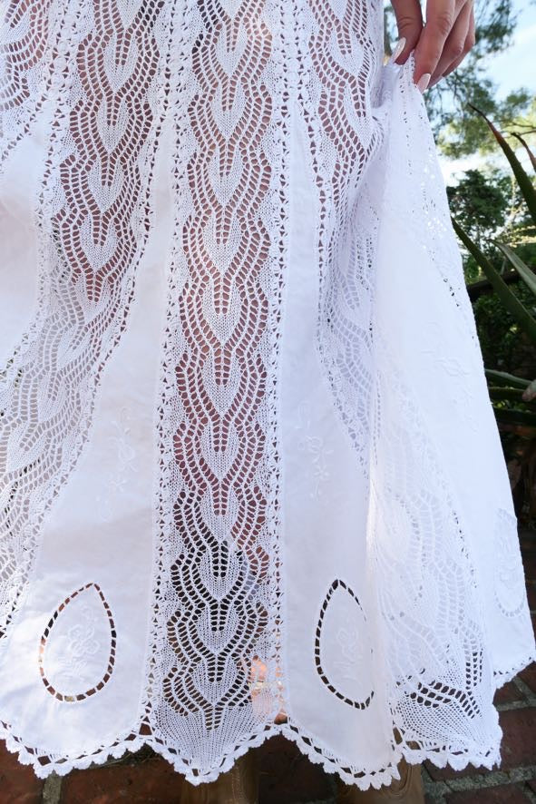 Boho Flowy Maxi Skirt with Knit and Cutwork Embroidery