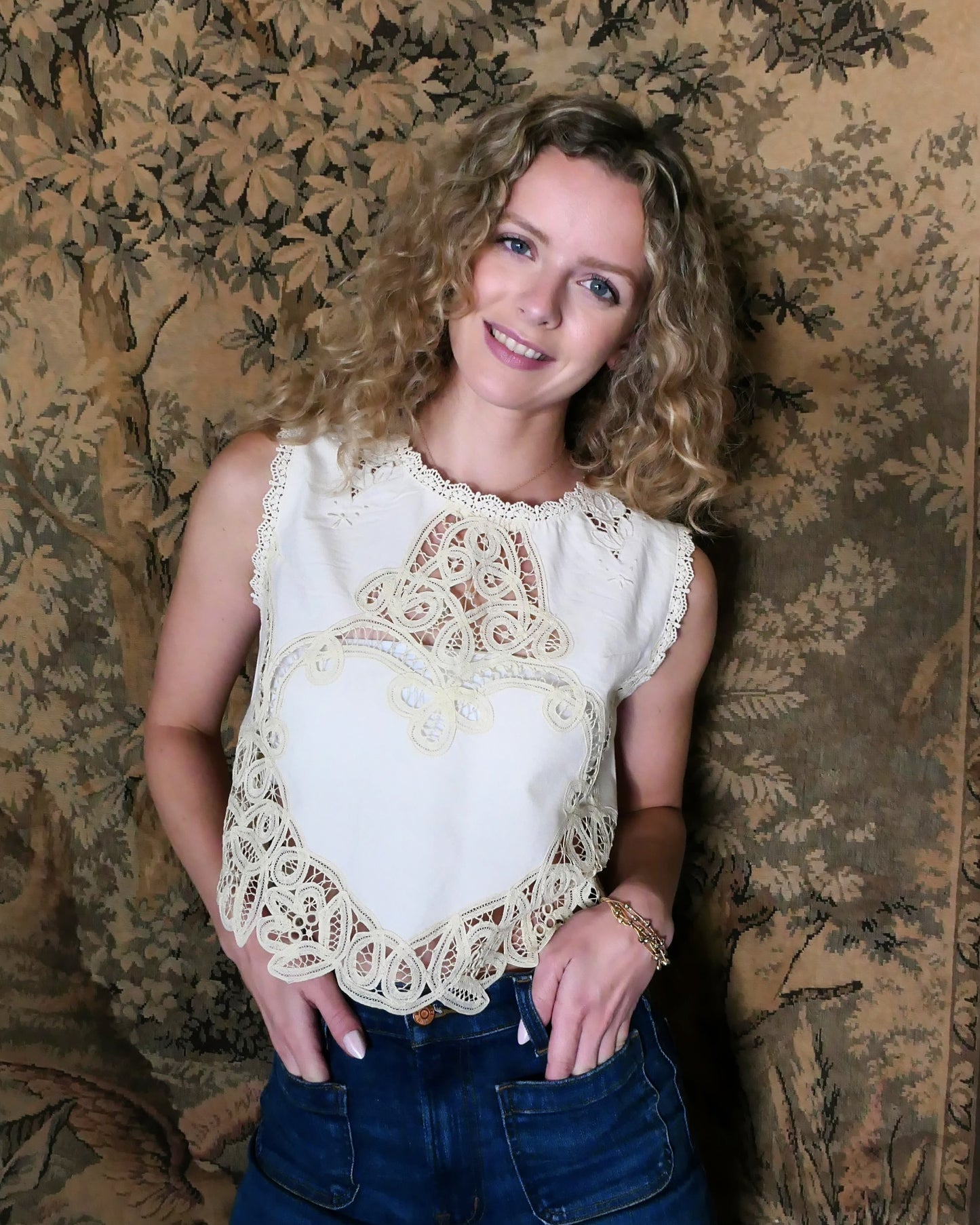 Valentine Battenberg Lace Cropped Tank Top in Natural