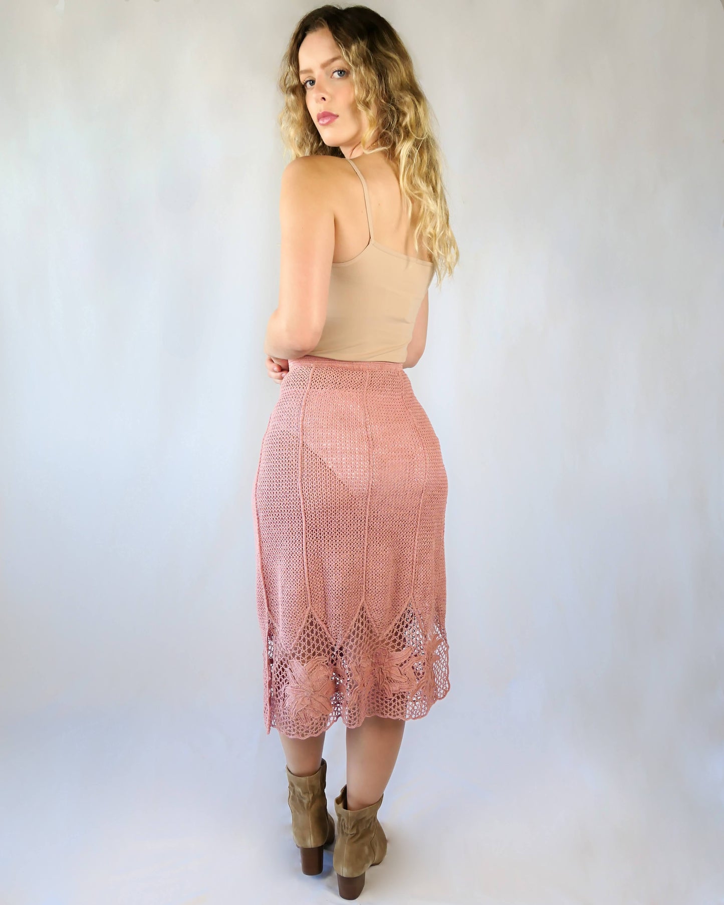 Hand Crocheted Midi Skirt with Lily Flower Motif and Side Slits