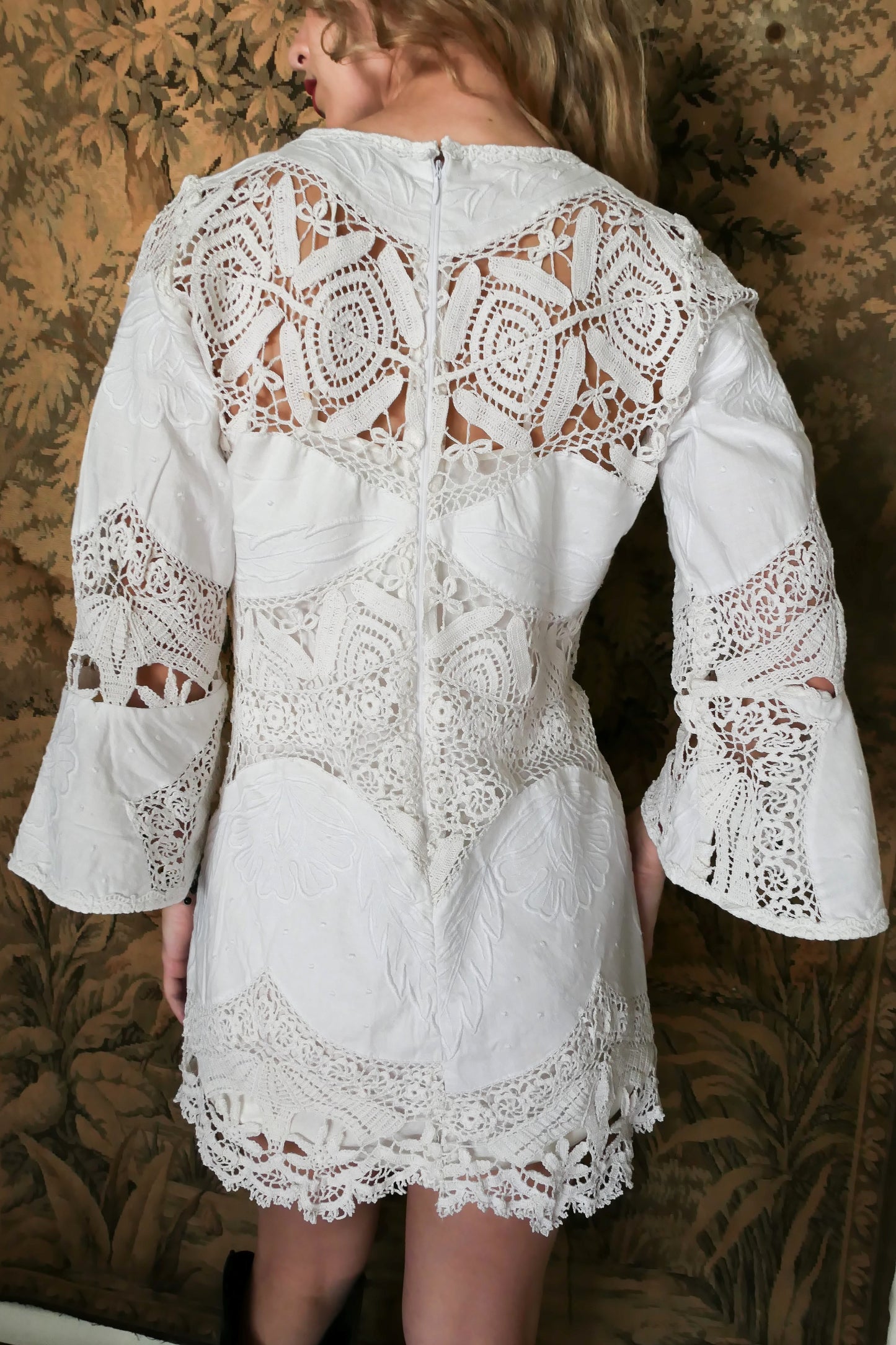 Angelica 3/4 Bell Sleeve Mini Dress with Crochet and Cutwork Embroidery