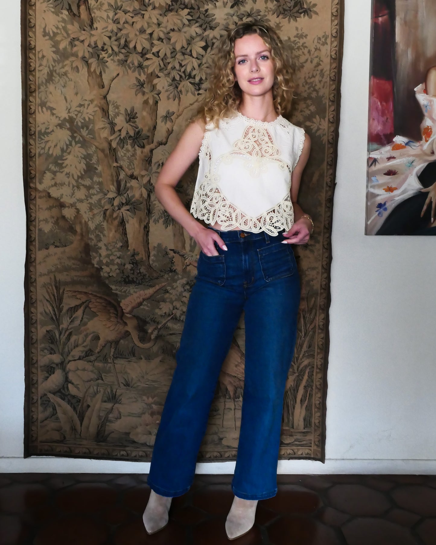 Valentine Battenberg Lace Cropped Tank Top in Natural