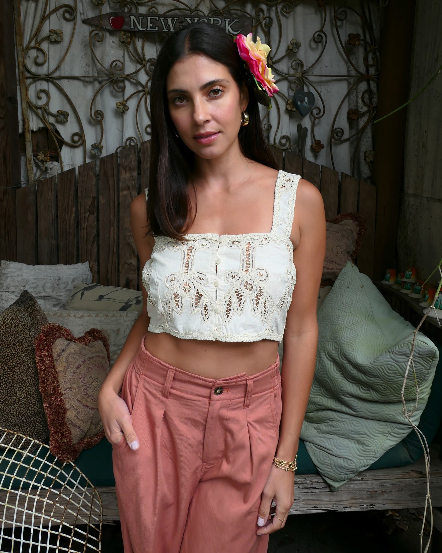 Romantic vintage Battenberg lace meets Boho Chic in this ultra-cute bra top. Wear it alone with jeans, linen pants, or a skirt, or pair it with our Battenberg lace skirt (buy them as a set in our 2-piece set Collection). Has secure buttons and hooks in the front to ensure there are no noticeable gaps. Color: Natural