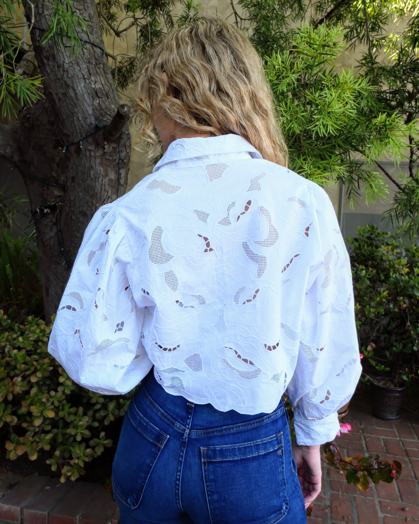 Lim's Vintage Embroidered Button-Down Puffed Sleeve Semi Crop Top