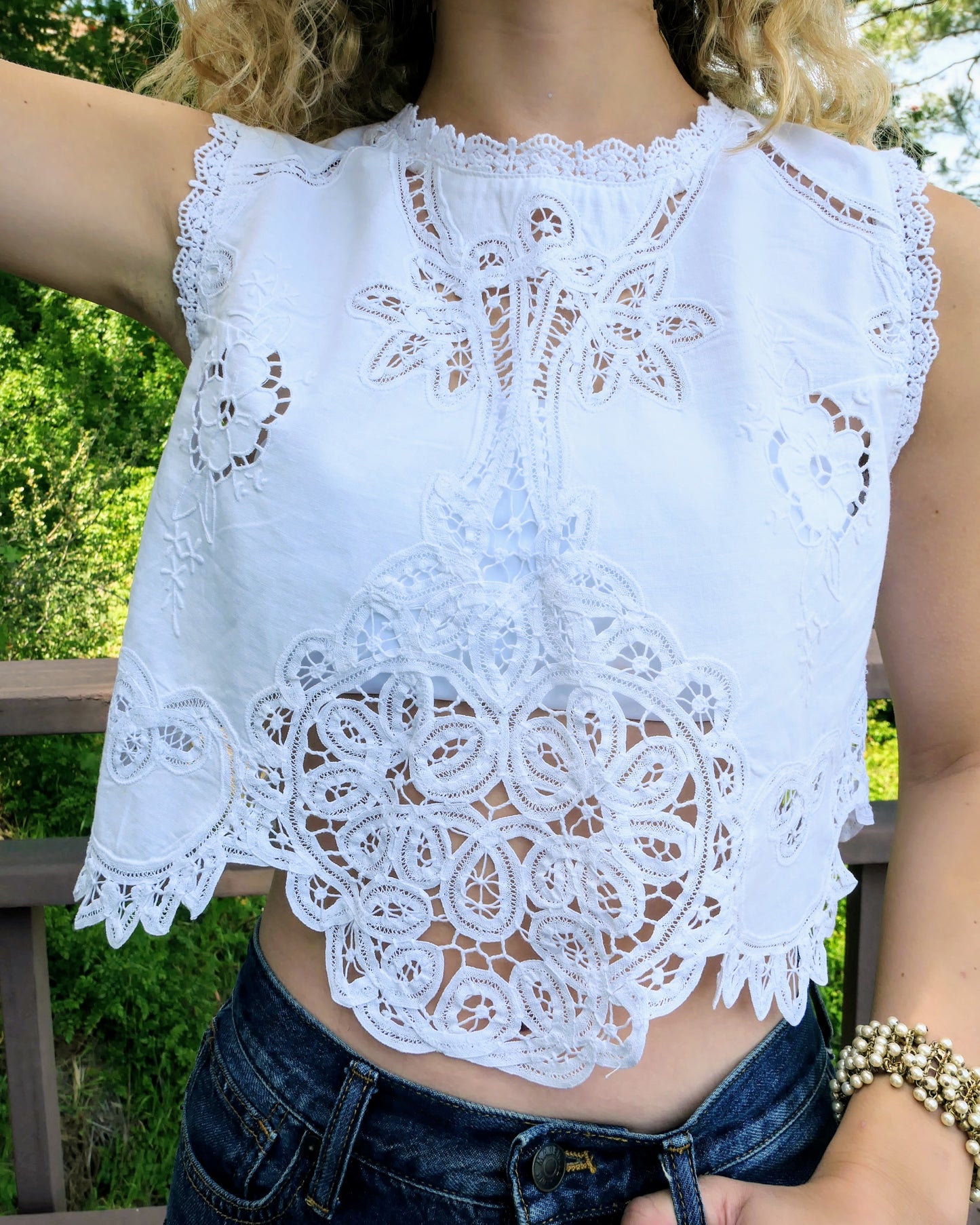 Jezebel Vintage Battenberg Lace Cropped Tank Top in White