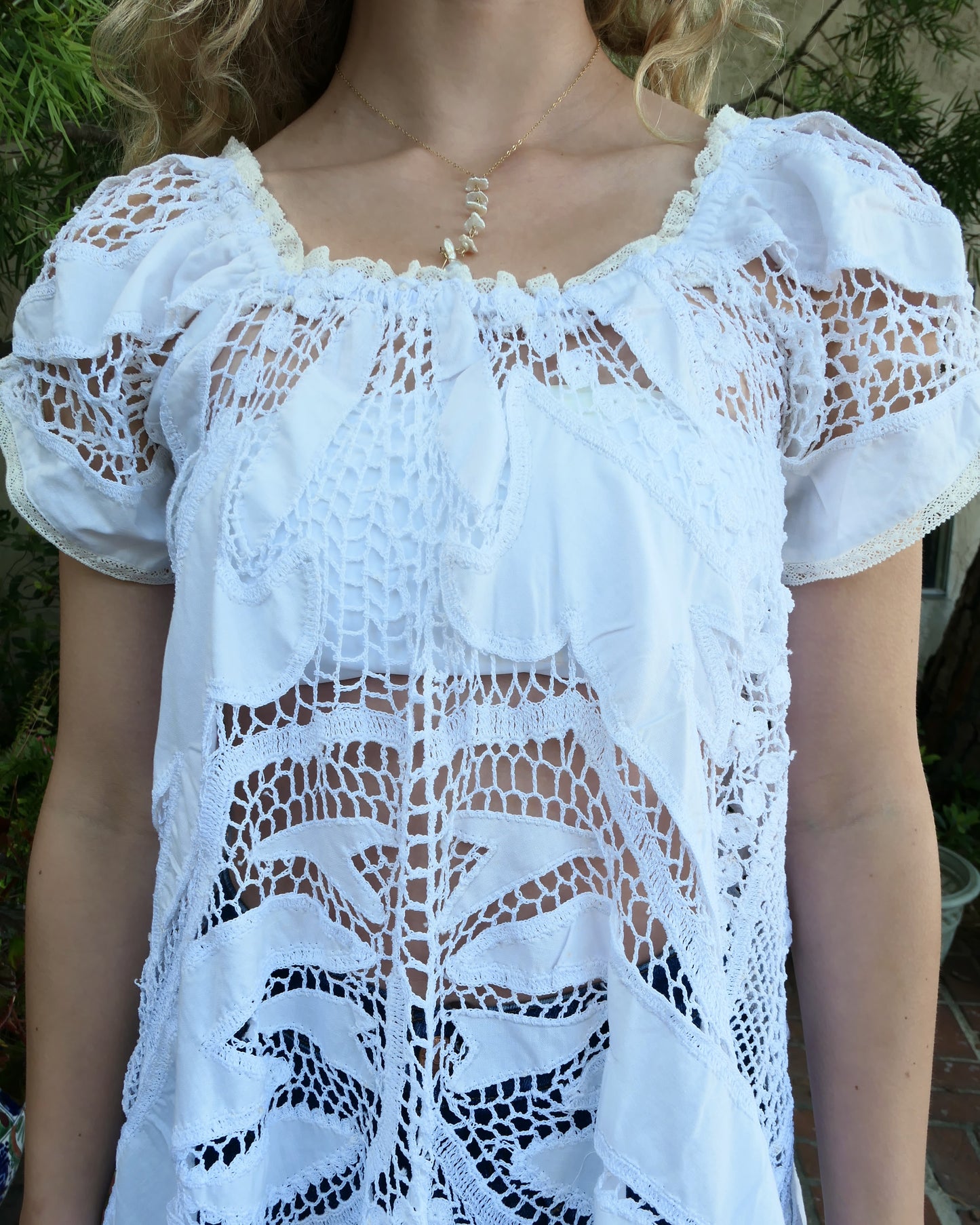 Short Puff Sleeve Tunic Top with Crochet and Cutwork Embroidery