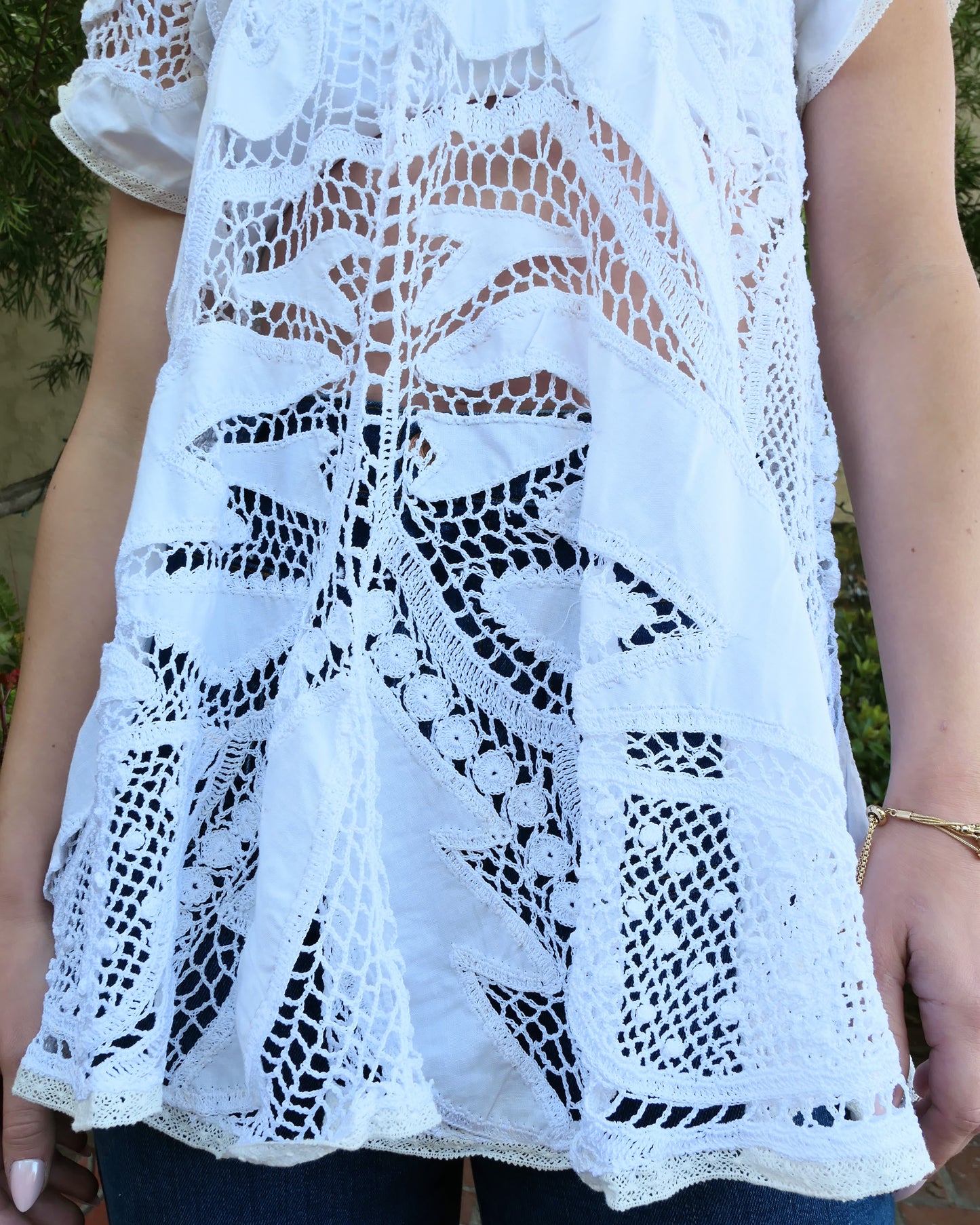 Short Puff Sleeve Tunic Top with Crochet and Cutwork Embroidery