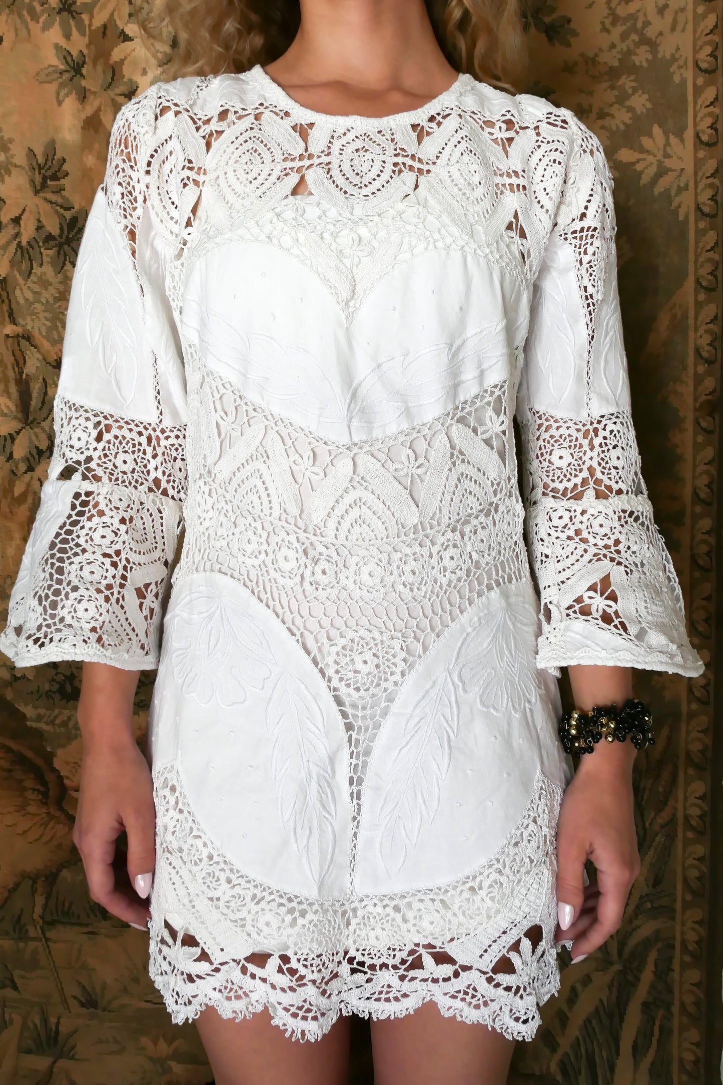 Angelica 3/4 Bell Sleeve Mini Dress with Crochet and Cutwork Embroidery