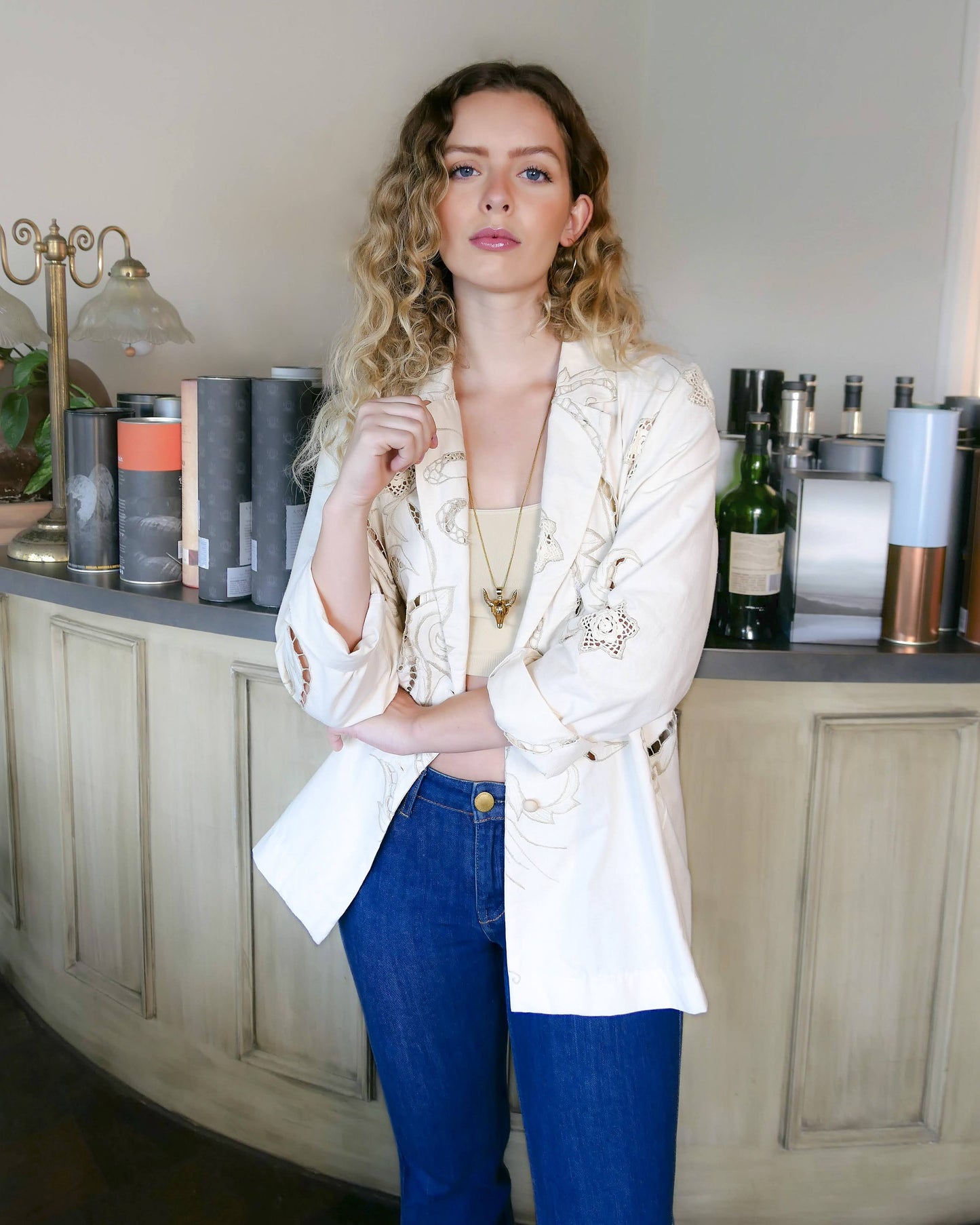 Lim's Vintage oversized cotton blazer with embroidered floral and leaf motif: Your everyday oversized cotton blazer that will put a definite skip in your step. This blazer is made from our Lim's Vintage cutout and embroidered fabric with a floral and leaf motif, and hand crocheted embellishments throughout. Comfortable, lightweight, and falls below the hip.