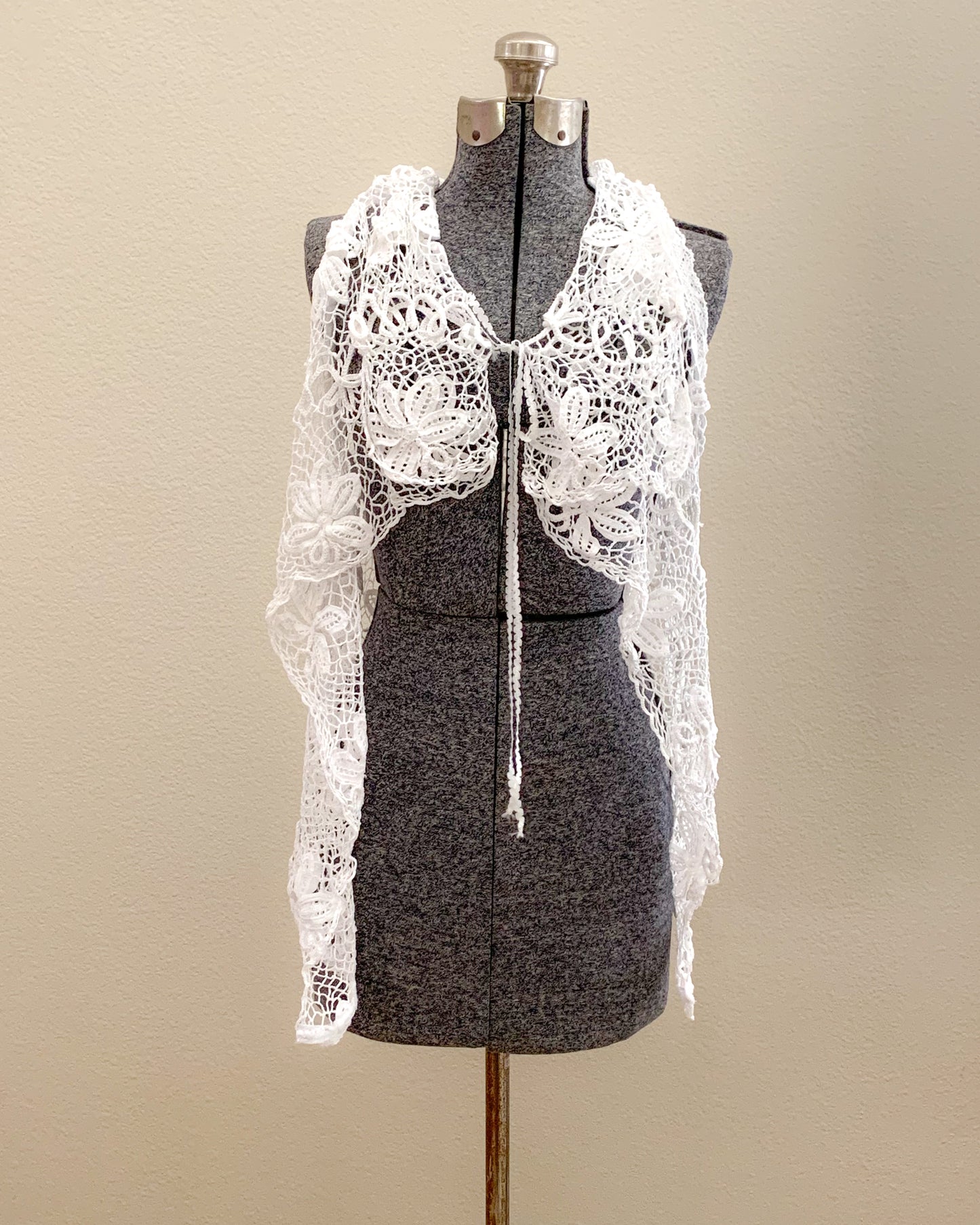 Hand Crocheted Long Coverup Vest with Black and White Daisy Motif