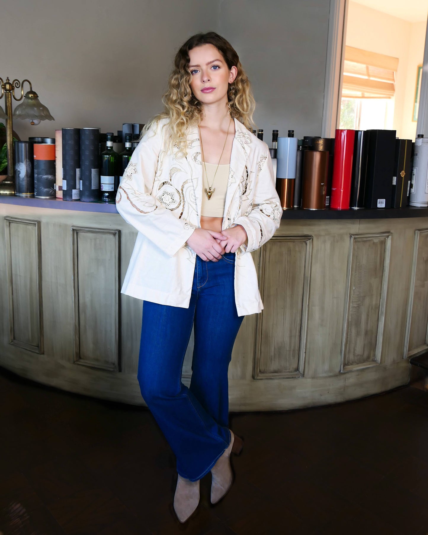 Your everyday oversized cotton blazer that will put a definite skip in your step. This blazer is made from our Lim's Vintage cutout and embroidered fabric with a floral and leaf motif, and hand crocheted embellishments throughout. Comfortable, lightweight, and falls below the hip.