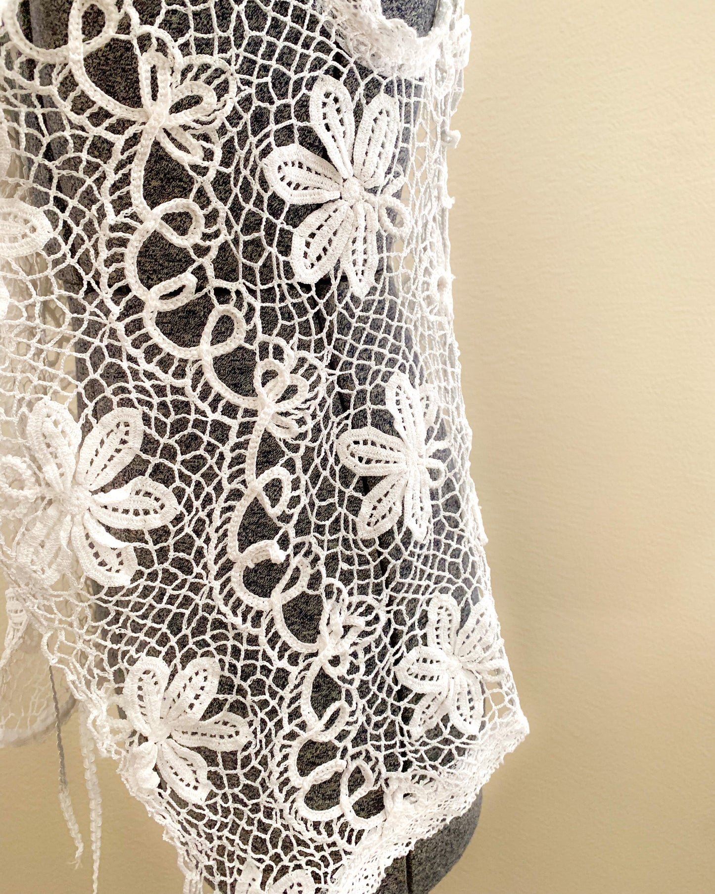 Hand Crocheted Long Coverup Vest with Black and White Daisy Motif