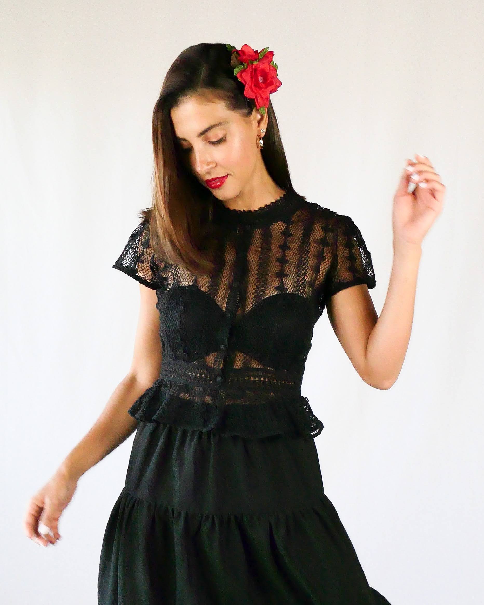 Hand Crocheted Short Puff Sleeve Top with Flared Hem