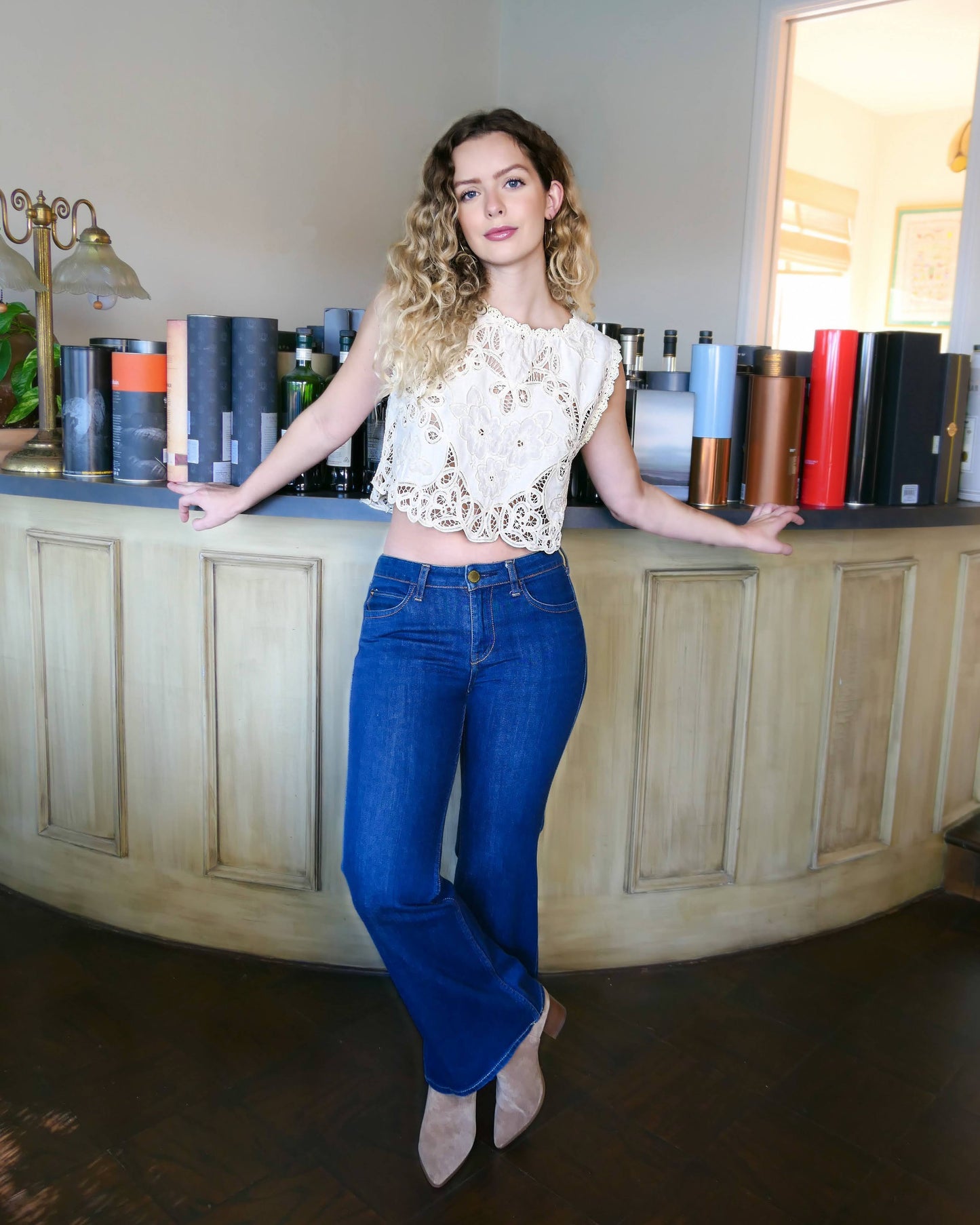 Romantic, boho chic, goes-with-everything crop tank top made with Lim's Vintage embroidered Battenberg lace fabric with a butterfly and floral motif. Goes well with jeans or denim skirt and cowboy boots or sandals.