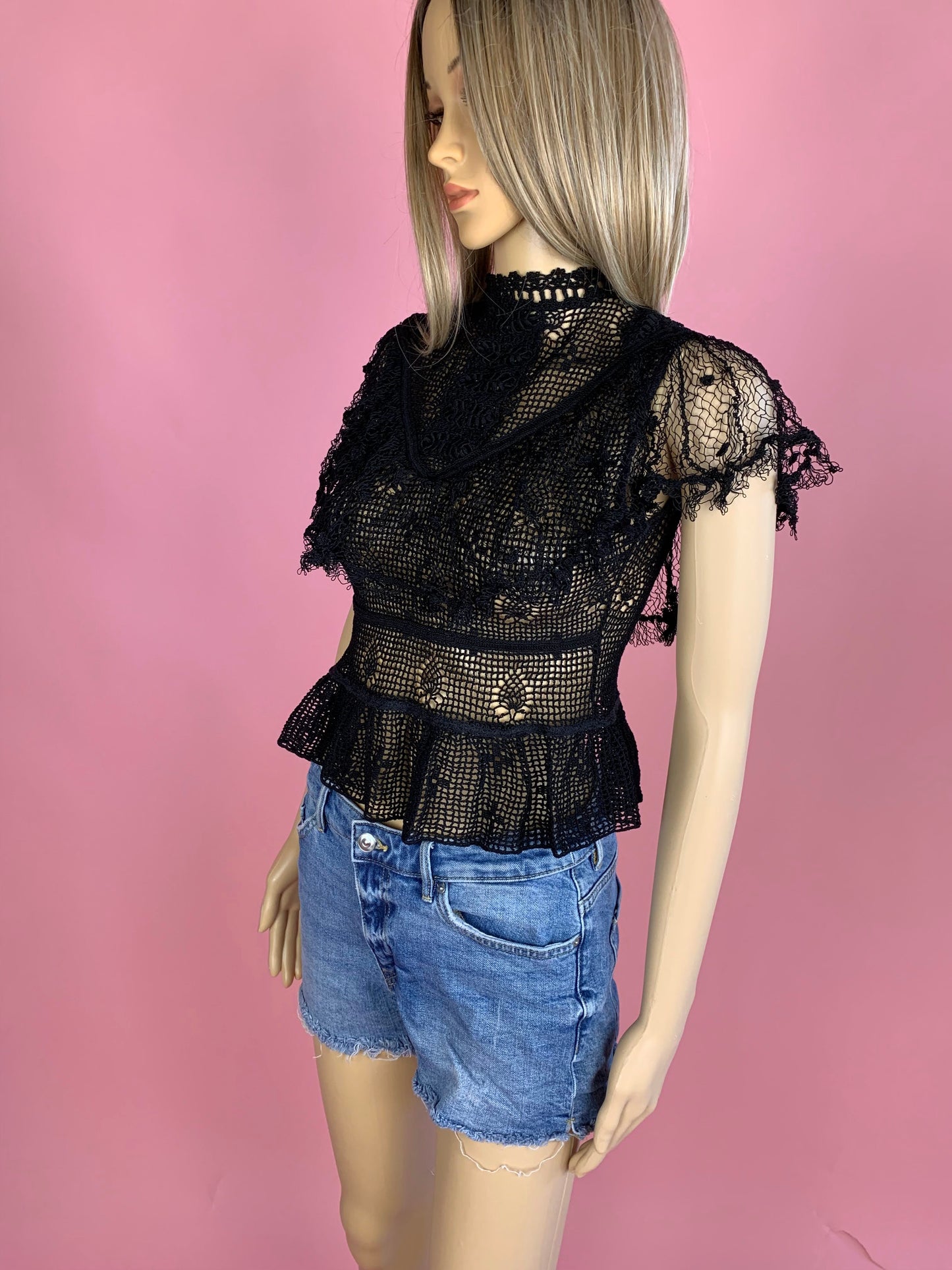 Hand Crocheted Ruffled Victorian Top with Short Sleeves