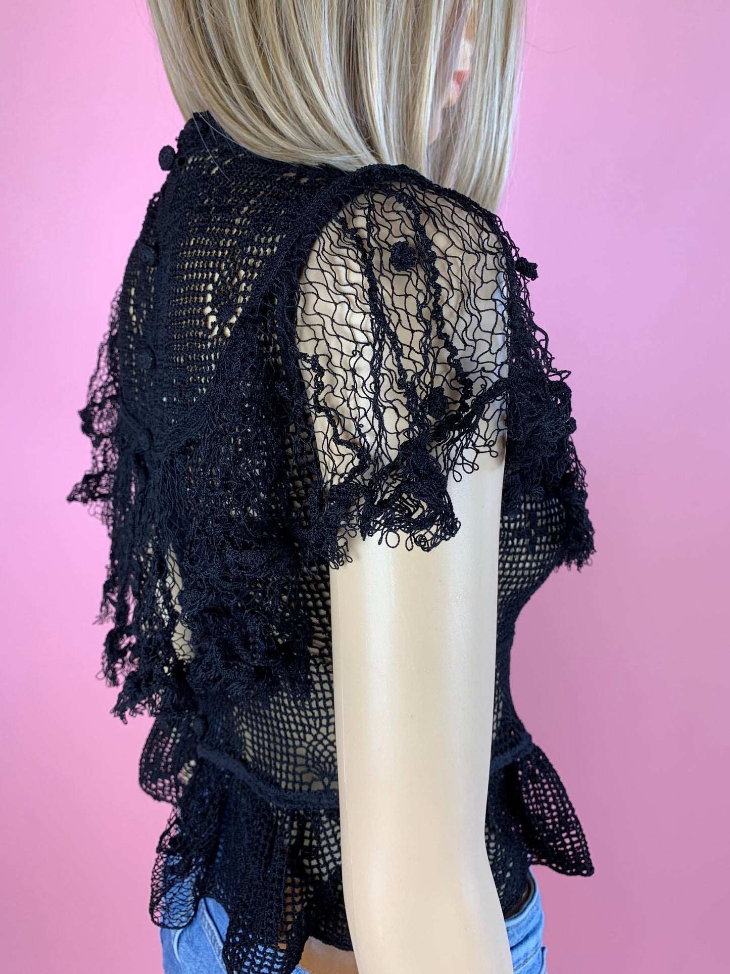 Hand Crocheted Ruffled Victorian Top with Short Sleeves