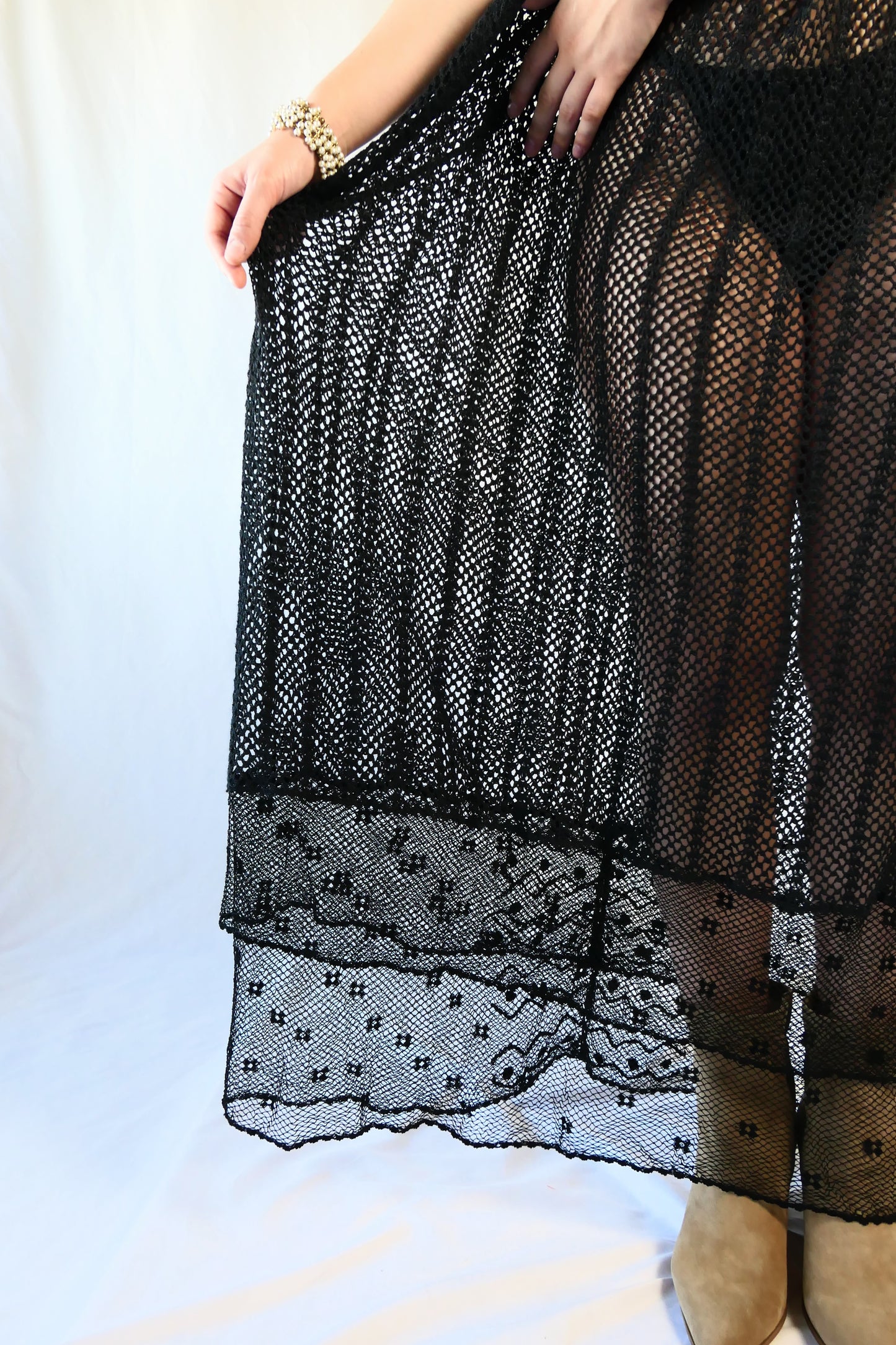 Boho Chic Hand Crocheted 54" Maxi Dress with V-Neck and Two-Tiered Hem