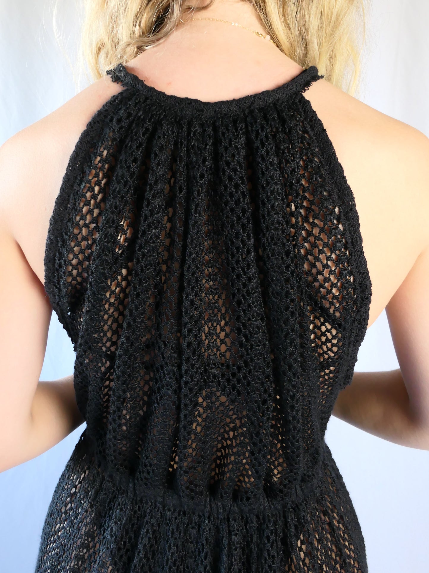 Boho Chic Hand Crocheted 54" Maxi Dress with V-Neck and Two-Tiered Hem