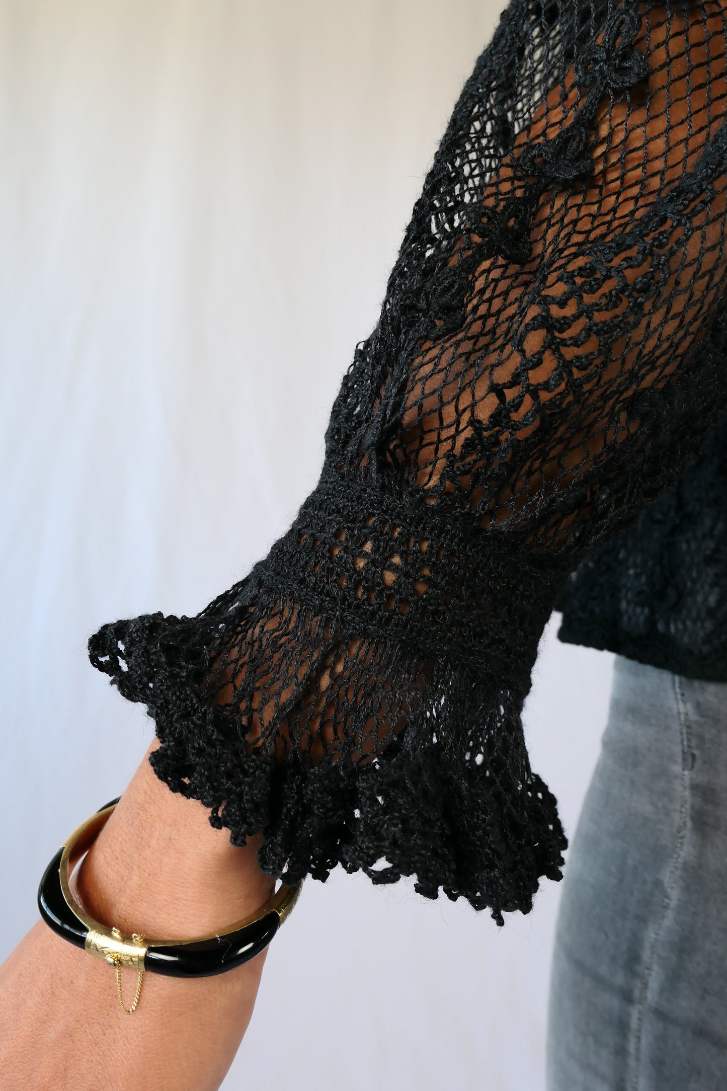 Hand Crocheted Long Sleeve Top with Fitted Waist and Ruffle at Sleeves and Hem