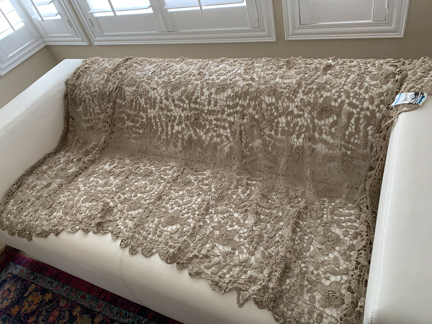 Lim's Vintage All Hand Crochet Throw Blanket 84" x 46" Rectangular Shape, Color Taupe