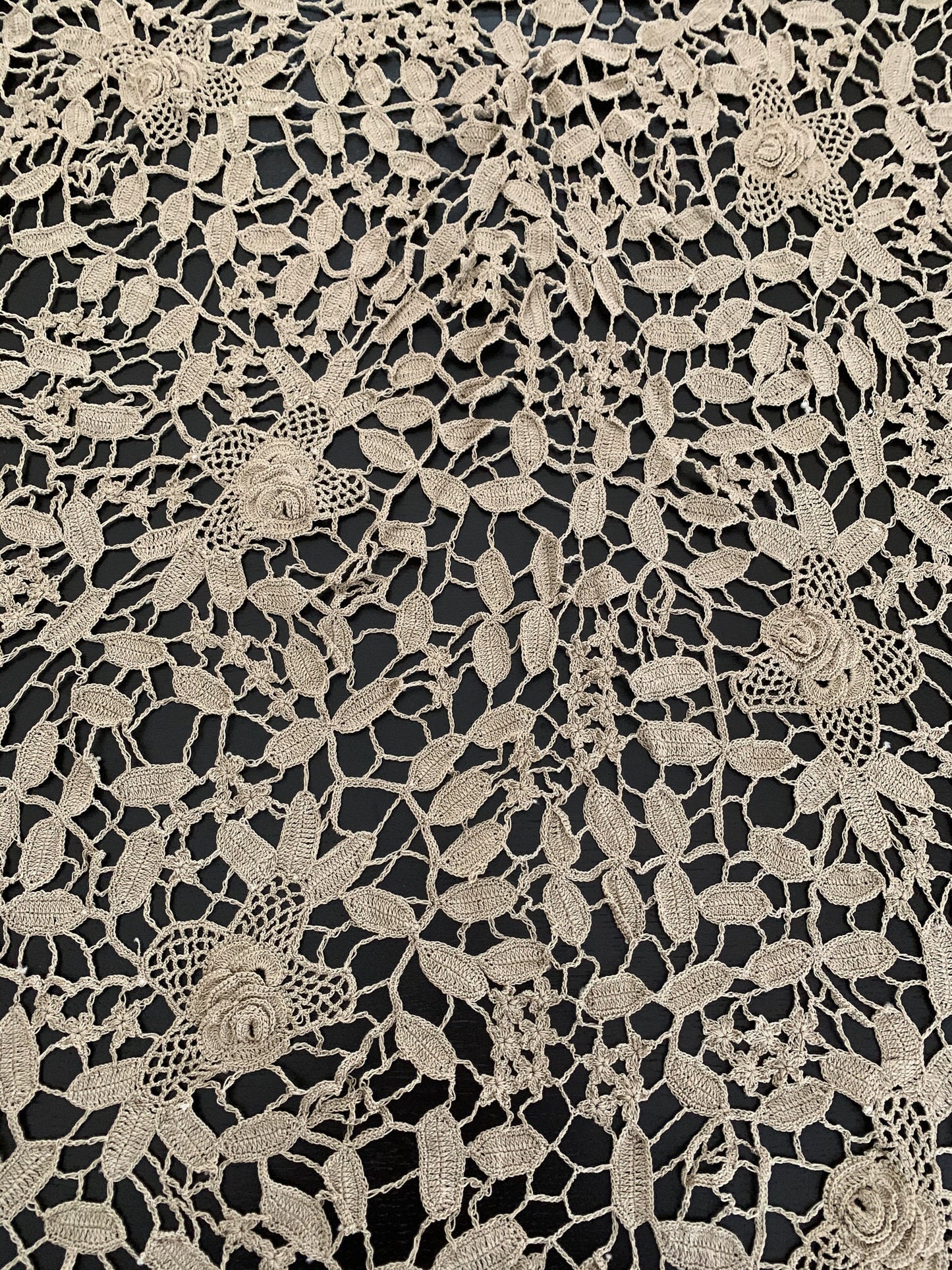 Lim's Vintage All Hand Crochet Throw Blanket 84" x 46" Rectangular Shape, Color Taupe