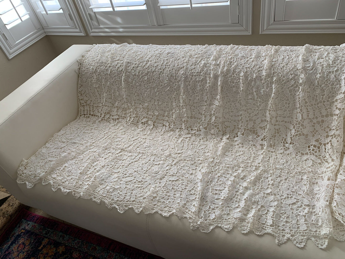 Lim's Vintage All Hand Crochet Throw Blanket 84" x 46" Rectangular Shape, Color White