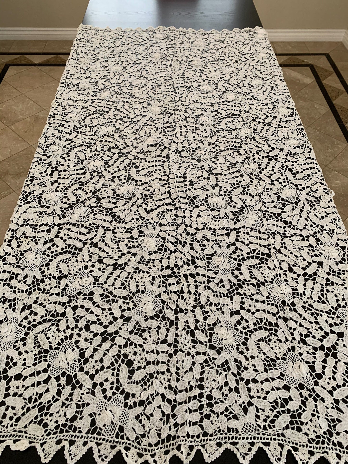 Lim's Vintage All Hand Crochet Throw Blanket 84" x 46" Rectangular Shape, Color White