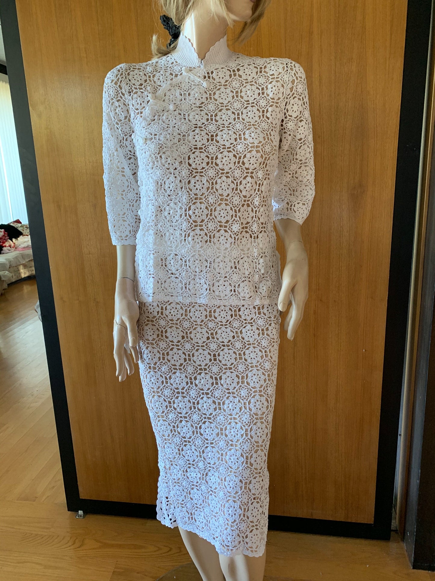 Hand Crocheted Midi Length Chinese Slit Skirt