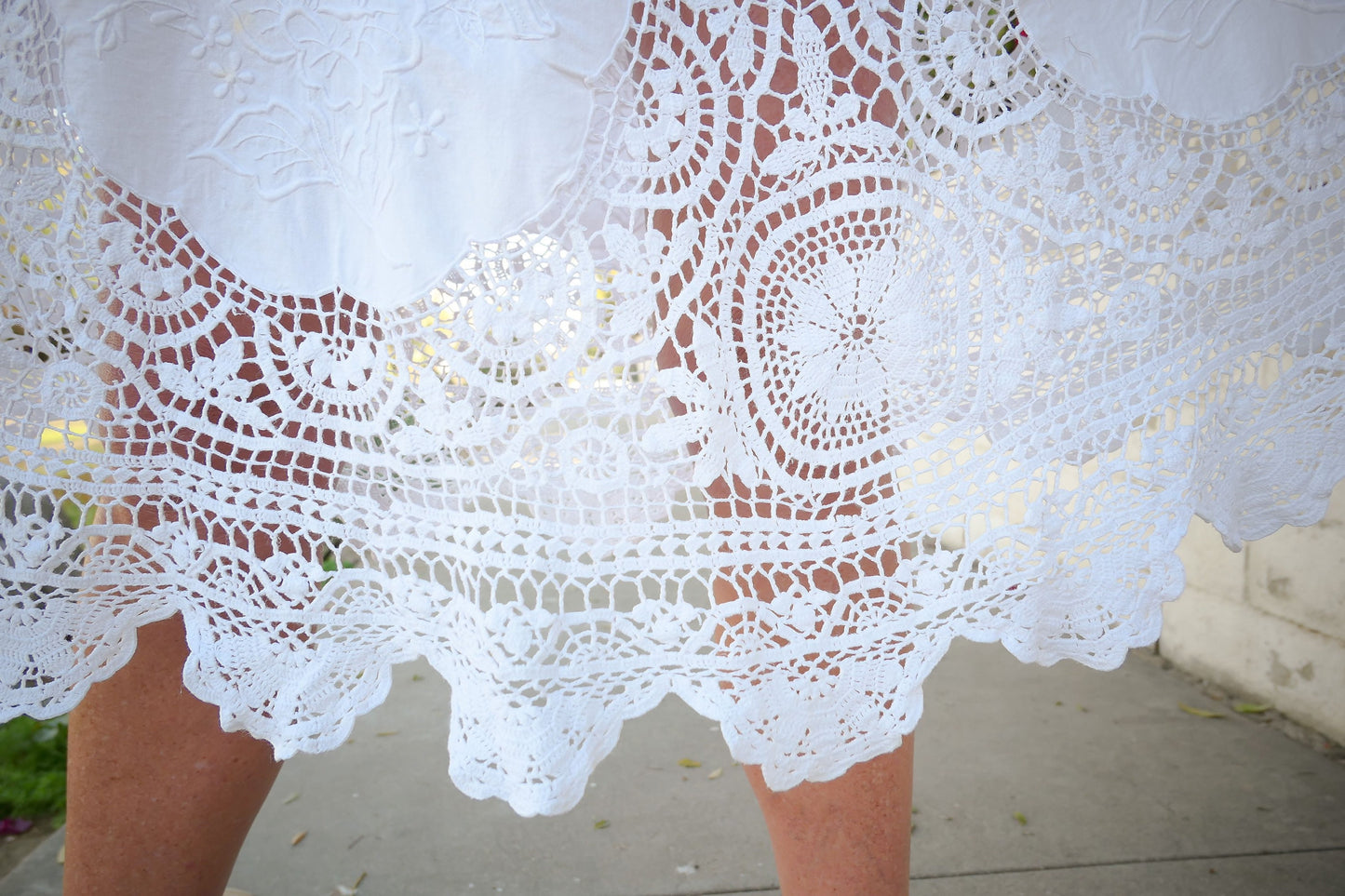 Flared Cotton Midi Length Patchwork Skirt with Hand Crochet and Embroidery