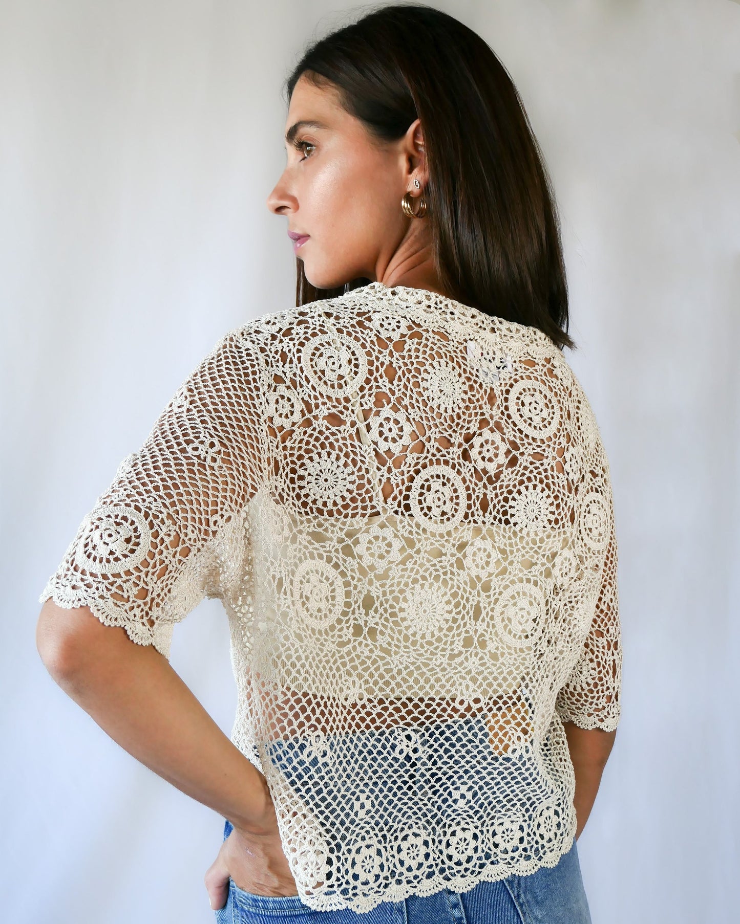 Hand Crocheted Cotton Half Sleeve Cardigan