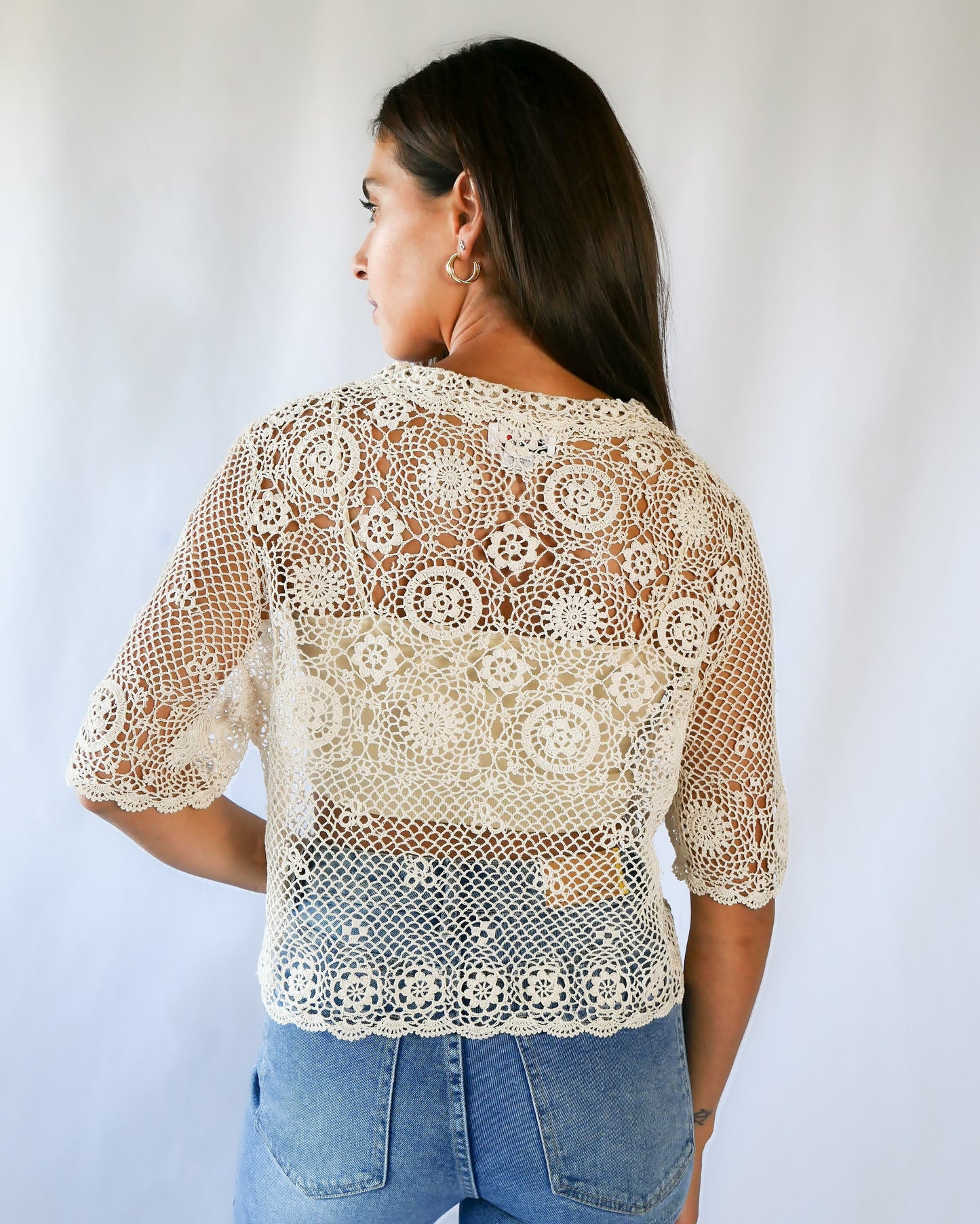 Hand Crocheted Cotton Half Sleeve Cardigan
