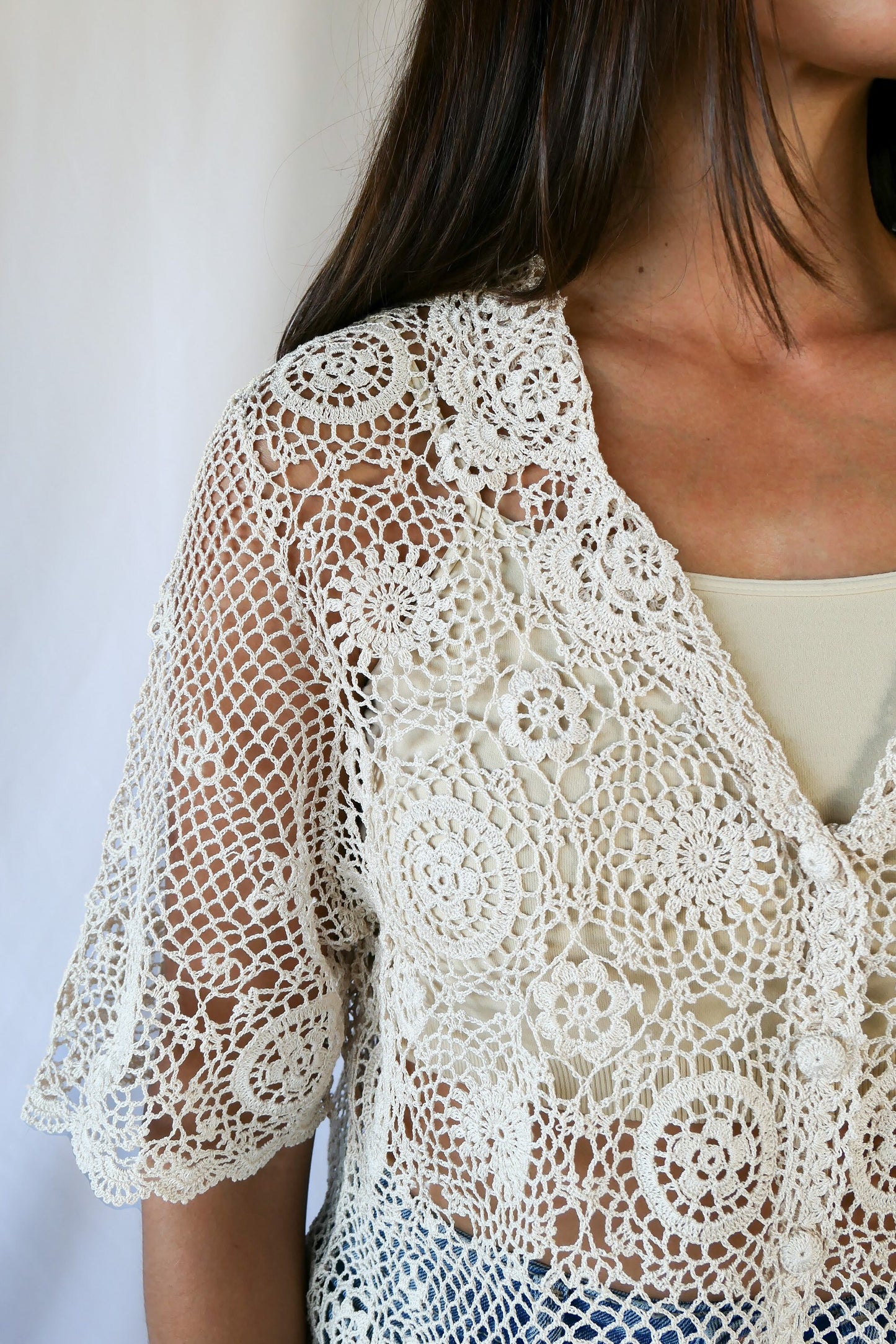 Hand Crocheted Cotton Half Sleeve Cardigan