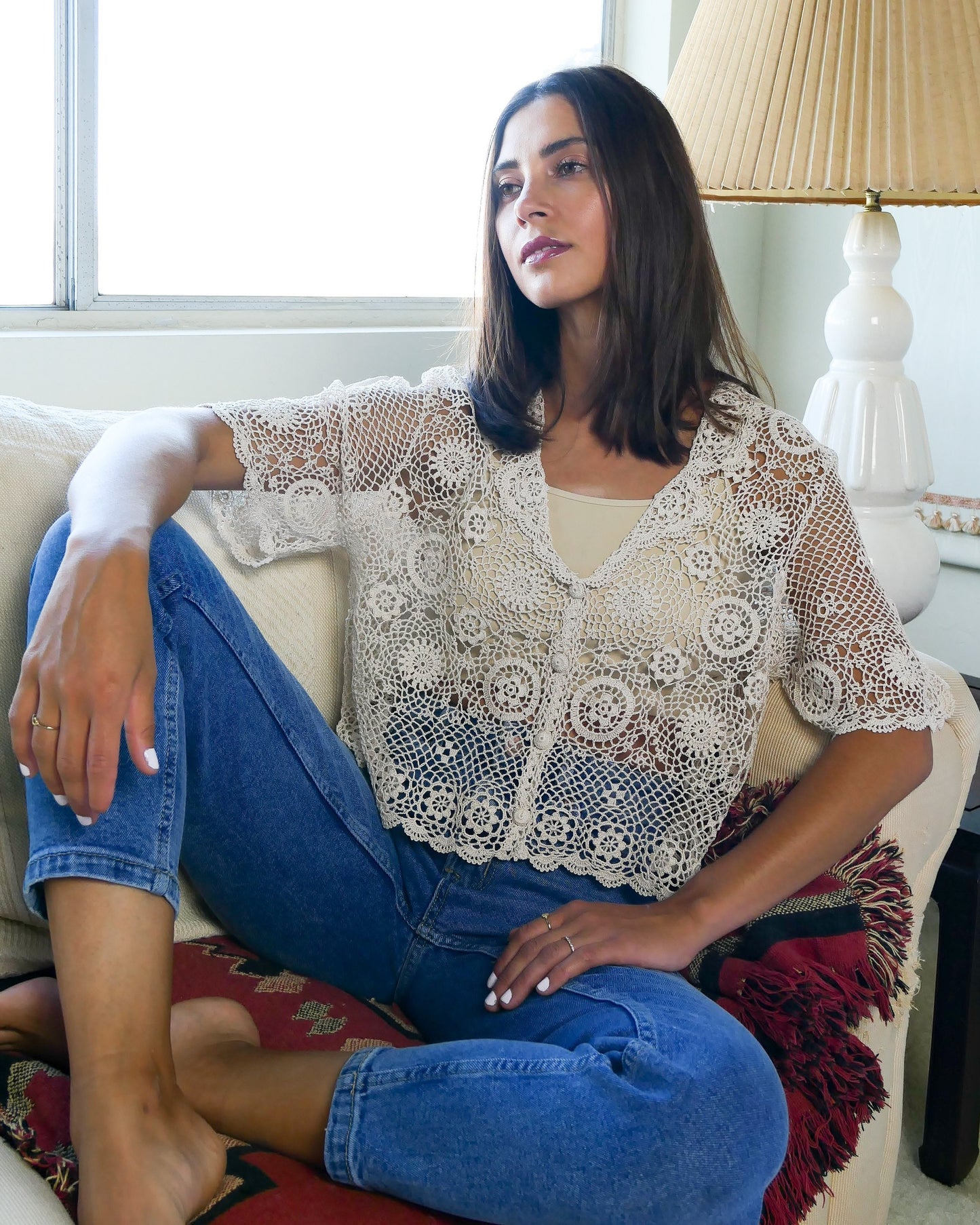 Hand Crocheted Cotton Half Sleeve Cardigan