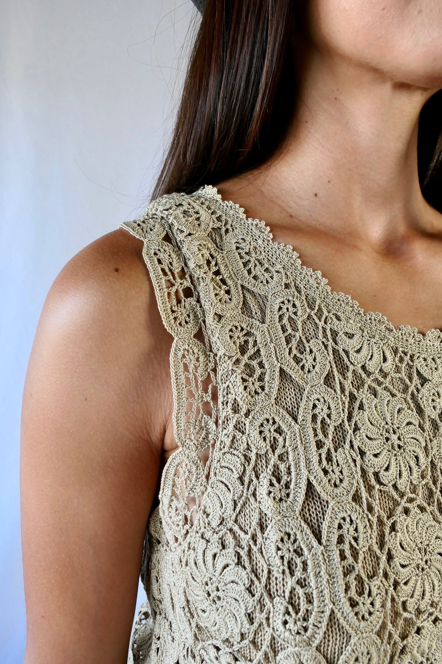 Lim's Vintage All Hand Crochet Cotton Lined Tank-top, Color Taupe