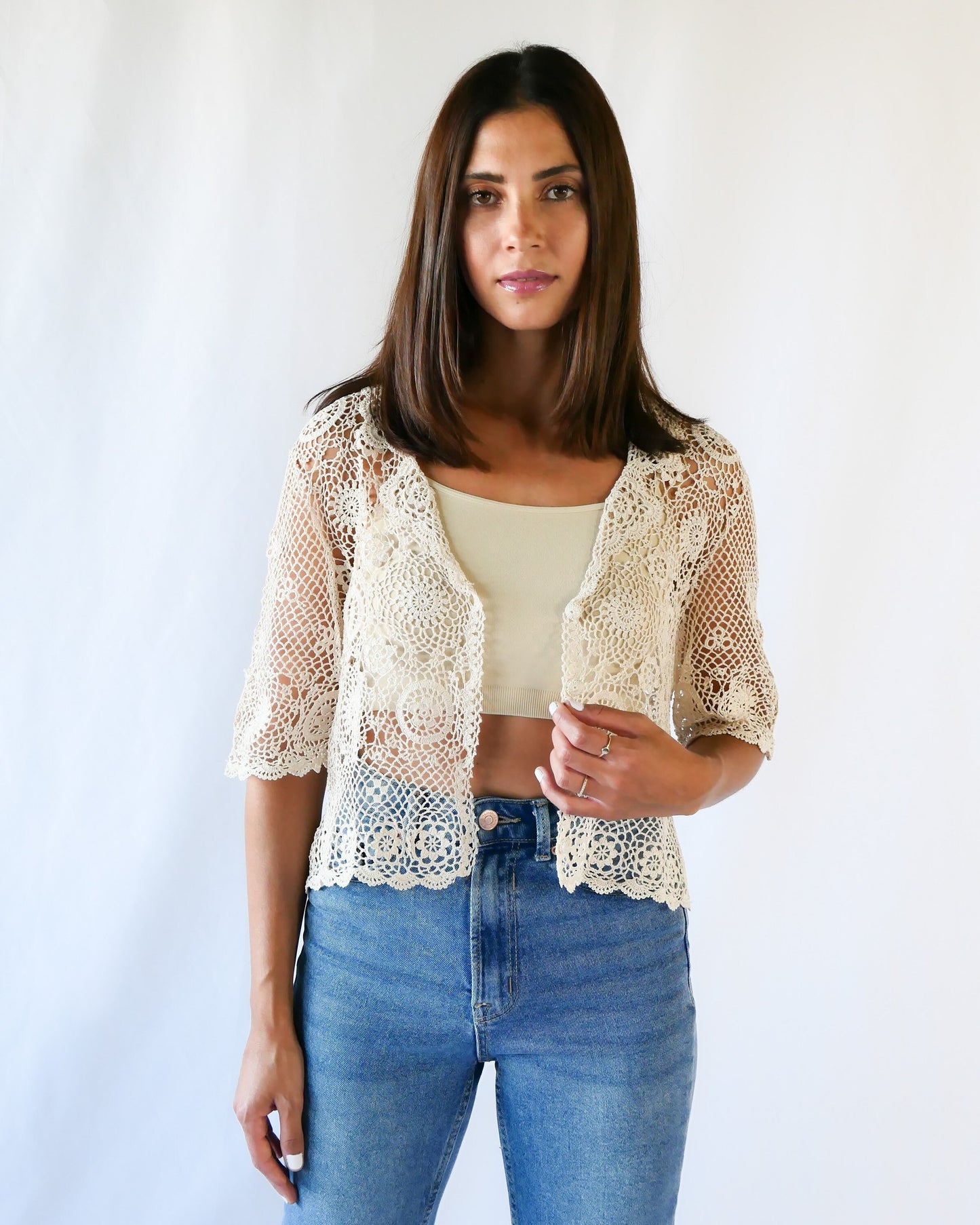 Hand Crocheted Cotton Half Sleeve Cardigan