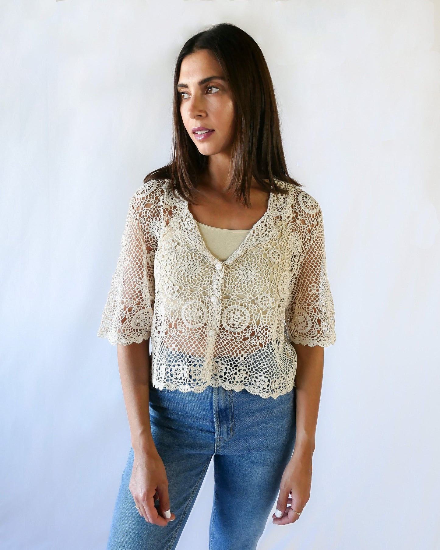 Hand Crocheted Cotton Half Sleeve Cardigan