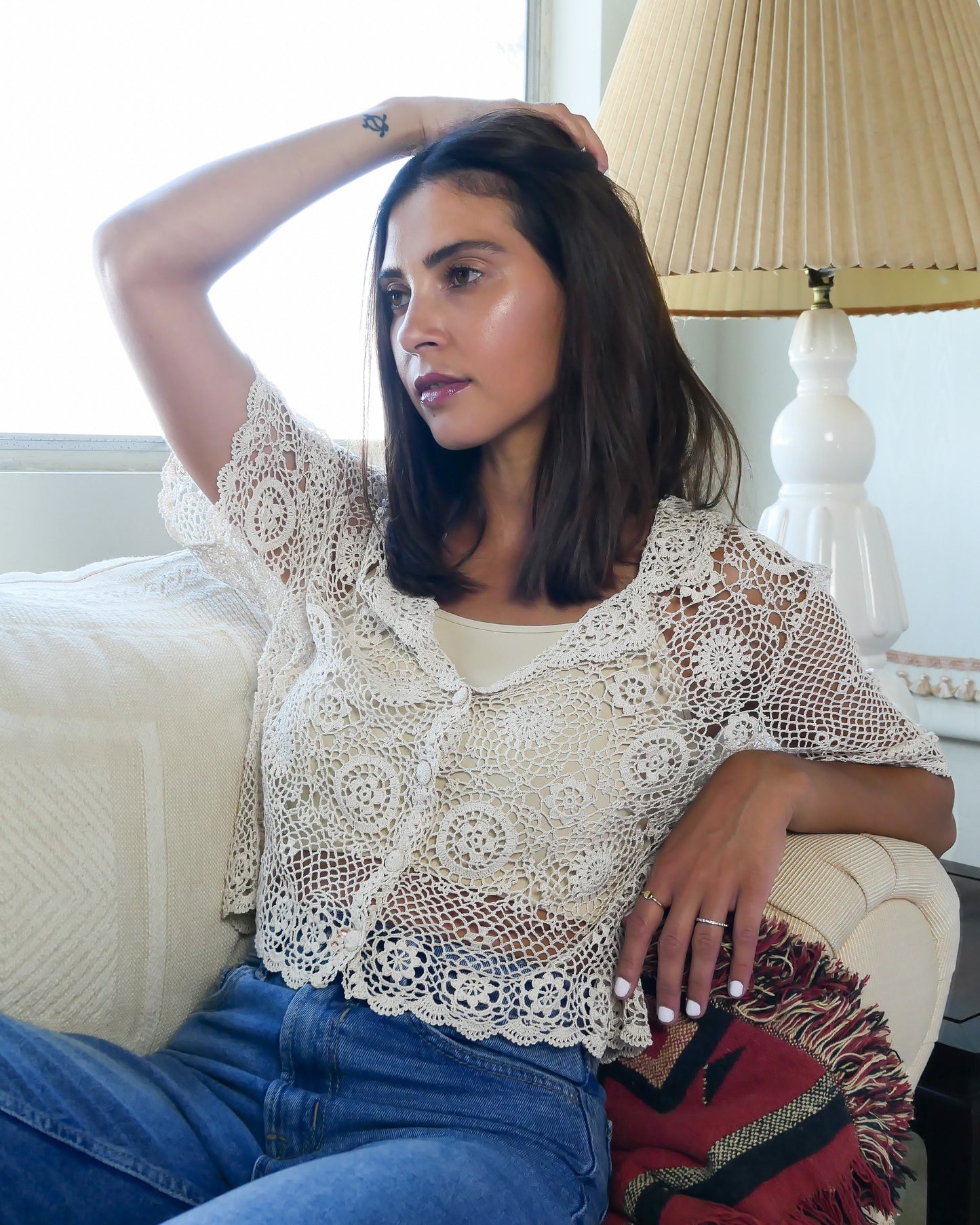 Hand Crocheted Cotton Half Sleeve Cardigan