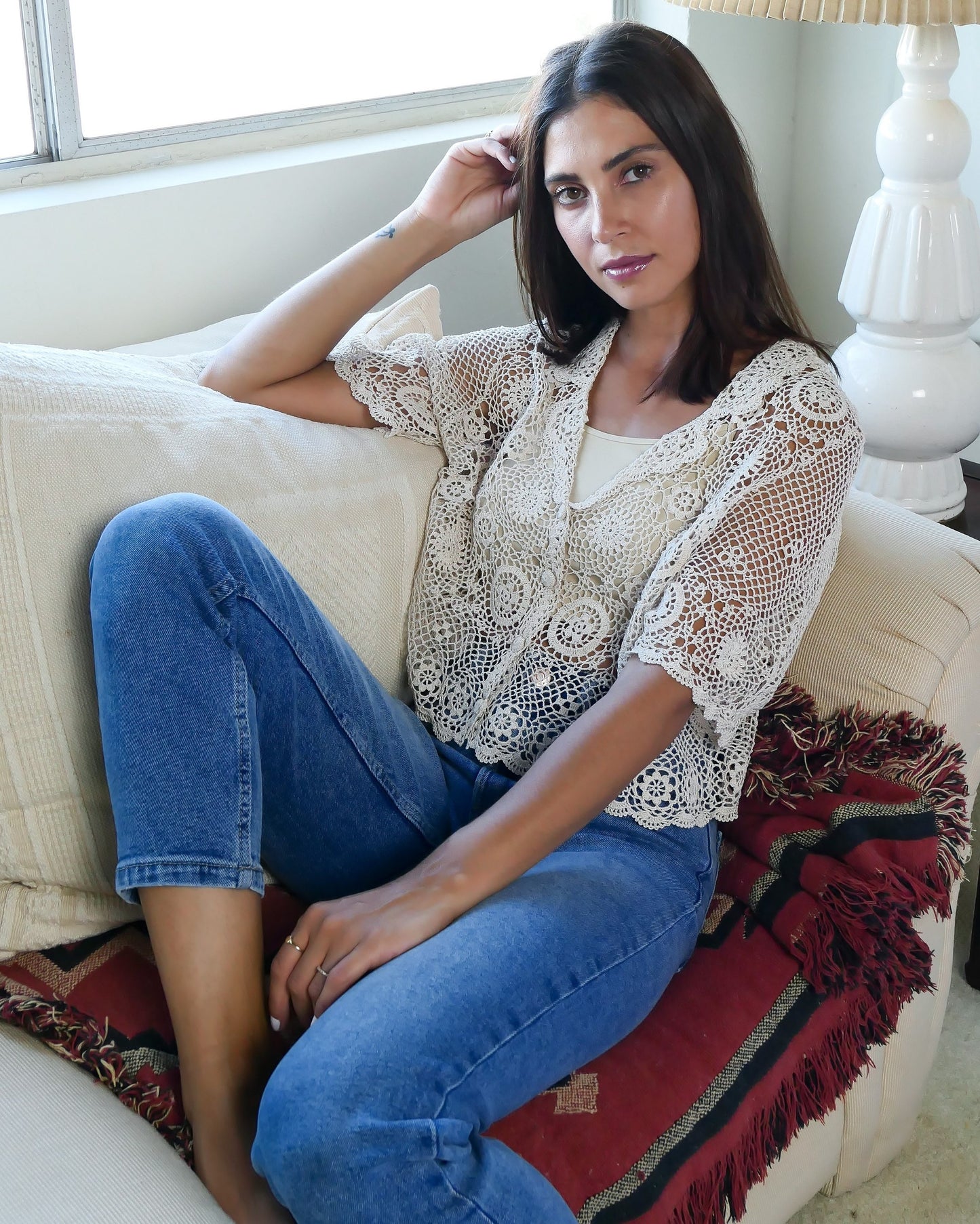 Hand Crocheted Cotton Half Sleeve Cardigan