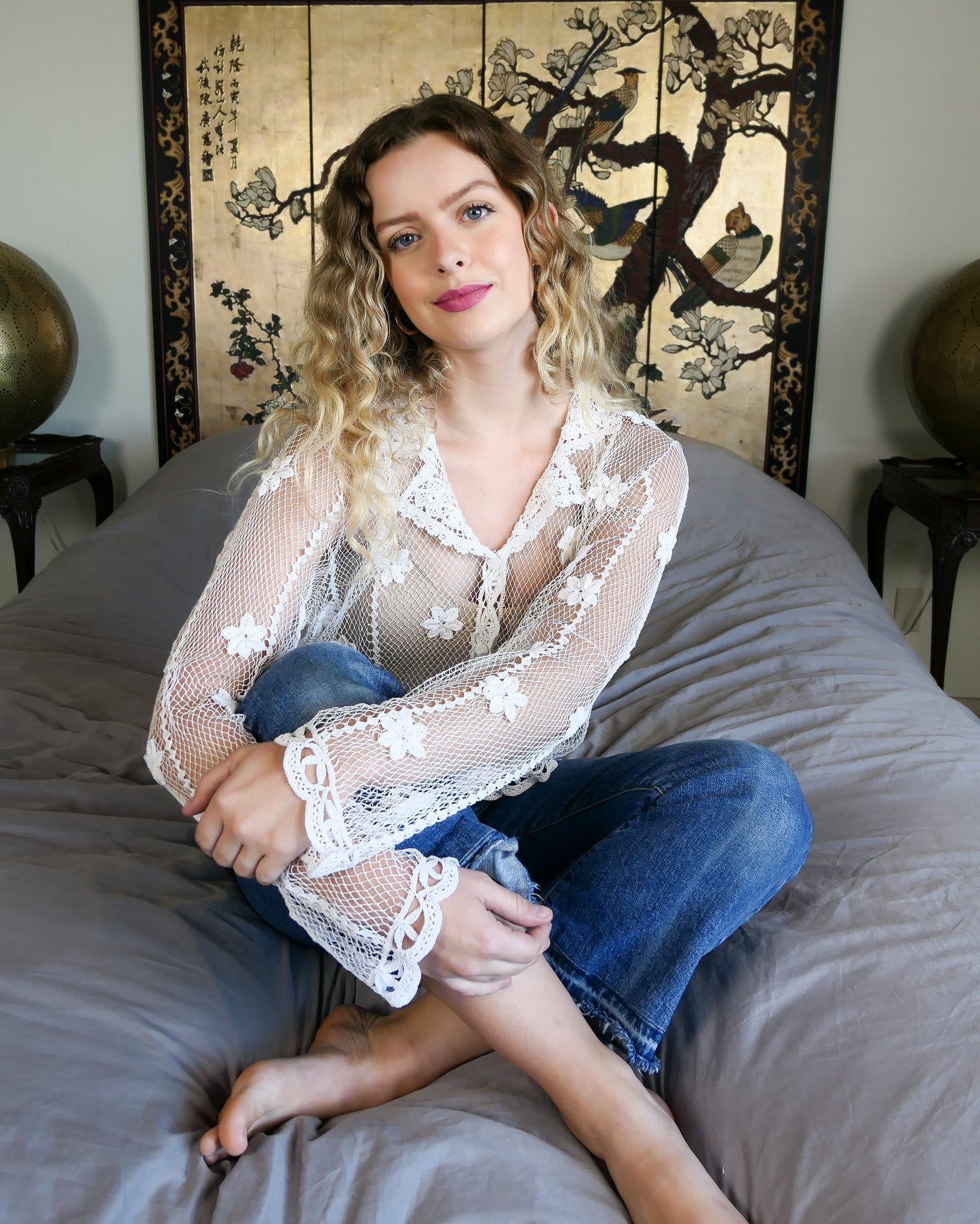 Sheer Crochet Cropped Cardigan with Mini Floral Motif